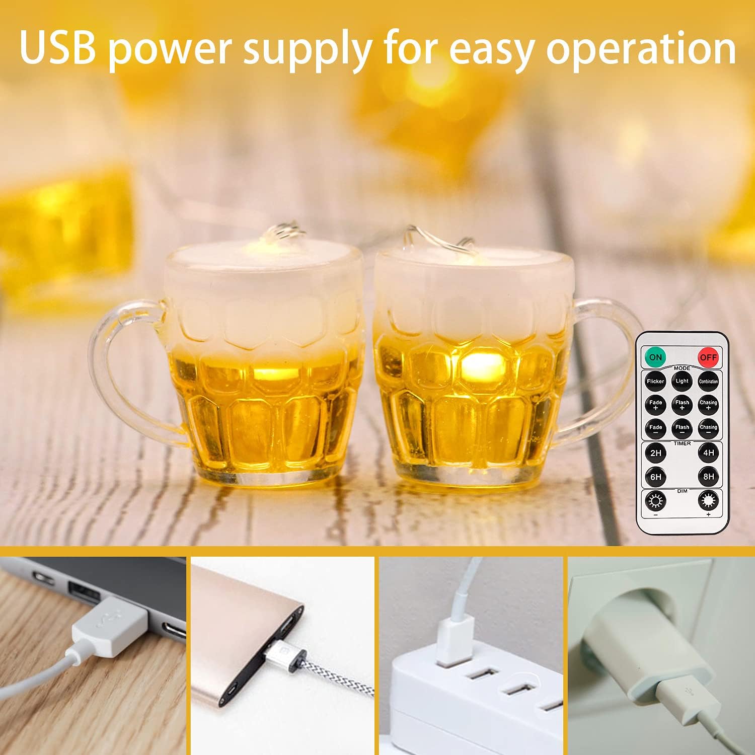 3D Beer Mug String Lights St Patrick's Day Decor, 10ft 15 LED with Remote Control USB & Battery Powered for Bar Christmas Birthday Wedding Party Bedroom Dorm Wreath Summer Club Decorations - Image 3