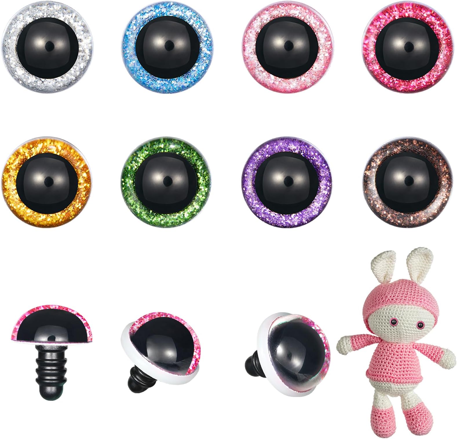 MUCUNNIA 60pcs 20mm Safety Eyes for Amigurumi Glitter Plastic Safety Eyes for Crochet with Washers Craft Crochet Eyes Doll Eyes for Crochet Animals Plush Stuffed Animals DIY Puppet Bear Toy