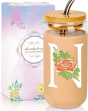 SENTVEND Initial Glass Cup with Lid and Straw Color-changing Monogrammed Gifts for Women 16 oz Iced Coffee Drinking Glass Tumbler Personalized Christmas Thanksgiving Birthday Gifts for Women Her Mom
