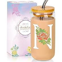 SENTVEND Initial Glass Cup with Lid and Straw Color-changing Monogrammed Gifts for Women 16 oz Iced Coffee Drinking Glass Tumbler Personalized Christmas Thanksgiving Birthday Gifts for Women Her Mom