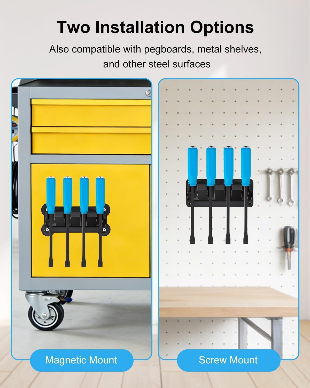 Magnetic 4 Slot Pry Bar Holder, Magnetic or Wall Mount Tool Organizer, Grooved Slot Design, Tool Rack for Garage Workshop Toolbox