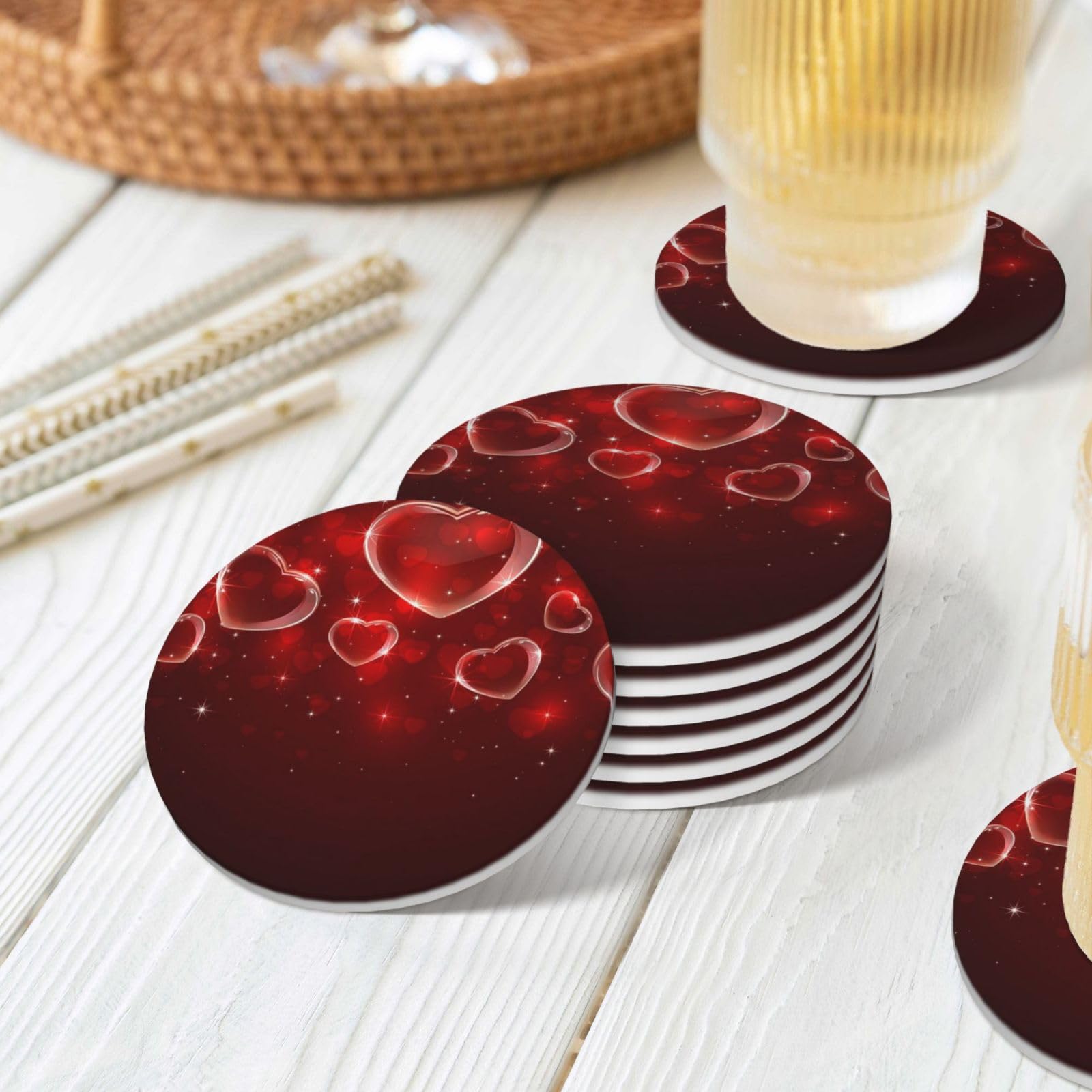 Lot de 6 dessous de verre absorbants en céramique avec base en liège Motif cœur rouge