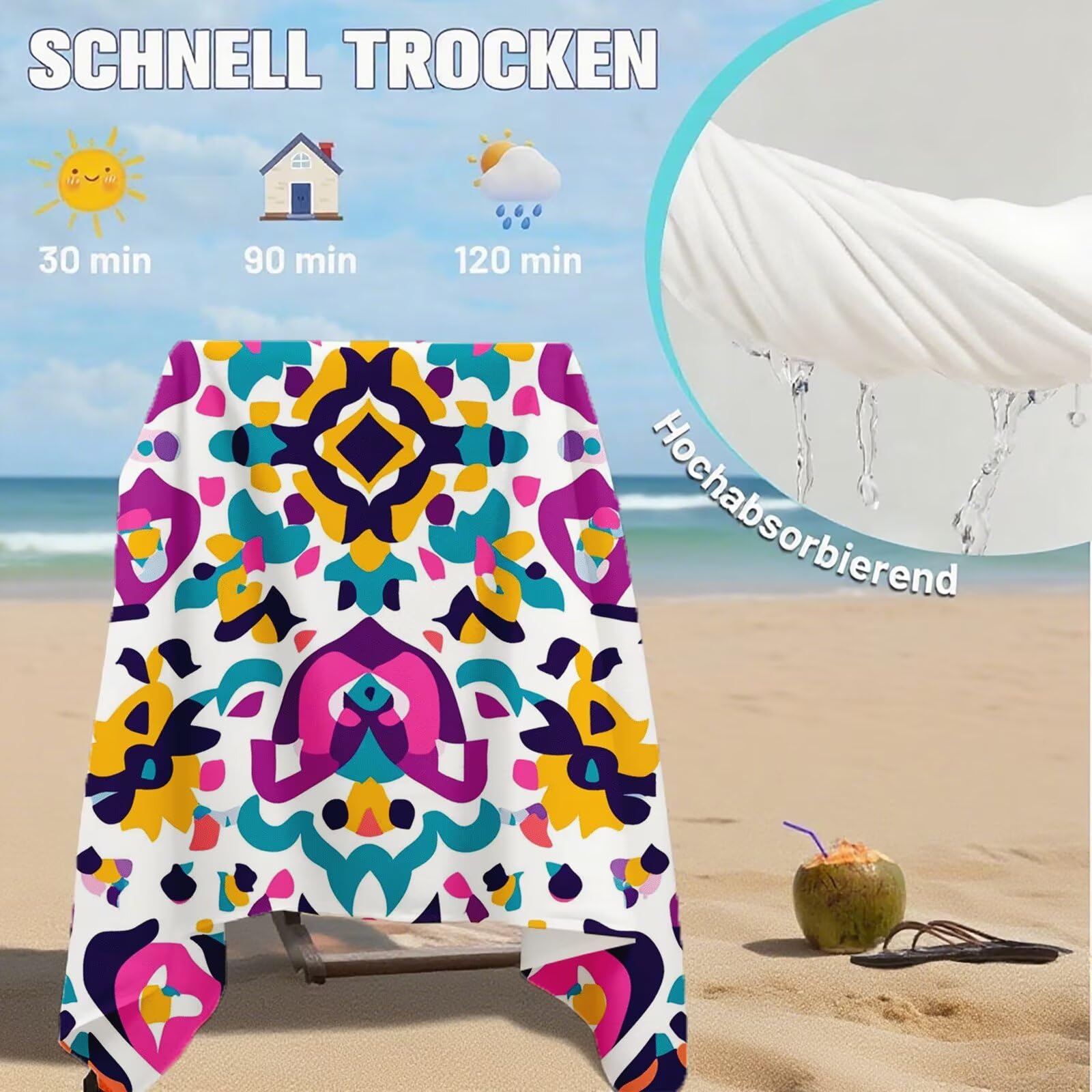 Strandtuch Retro Mikrofaser Strandtuch XXL 220x100 2 Set, Strandhandtuch mit Sandfrei, Schnelltrocknend, Absorbierend, handtücher groß für Badezimmer, Strand, Schwimmen, Geschenke für Männer Q-357