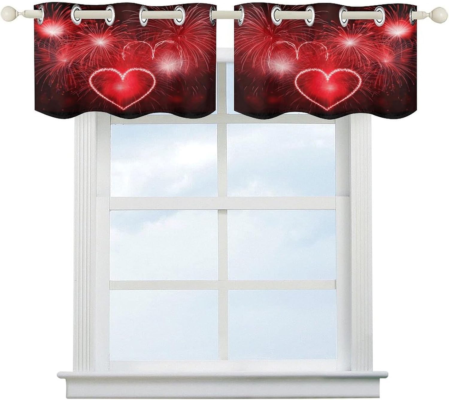 Red Hearts Fireworks 2 Pack Valance Curtains Window Treatments. Adjustable Curtain with Rod Pocket.Cafe Curtains is Half Curtains for Privacy Decorative 52x18.1 Inch.