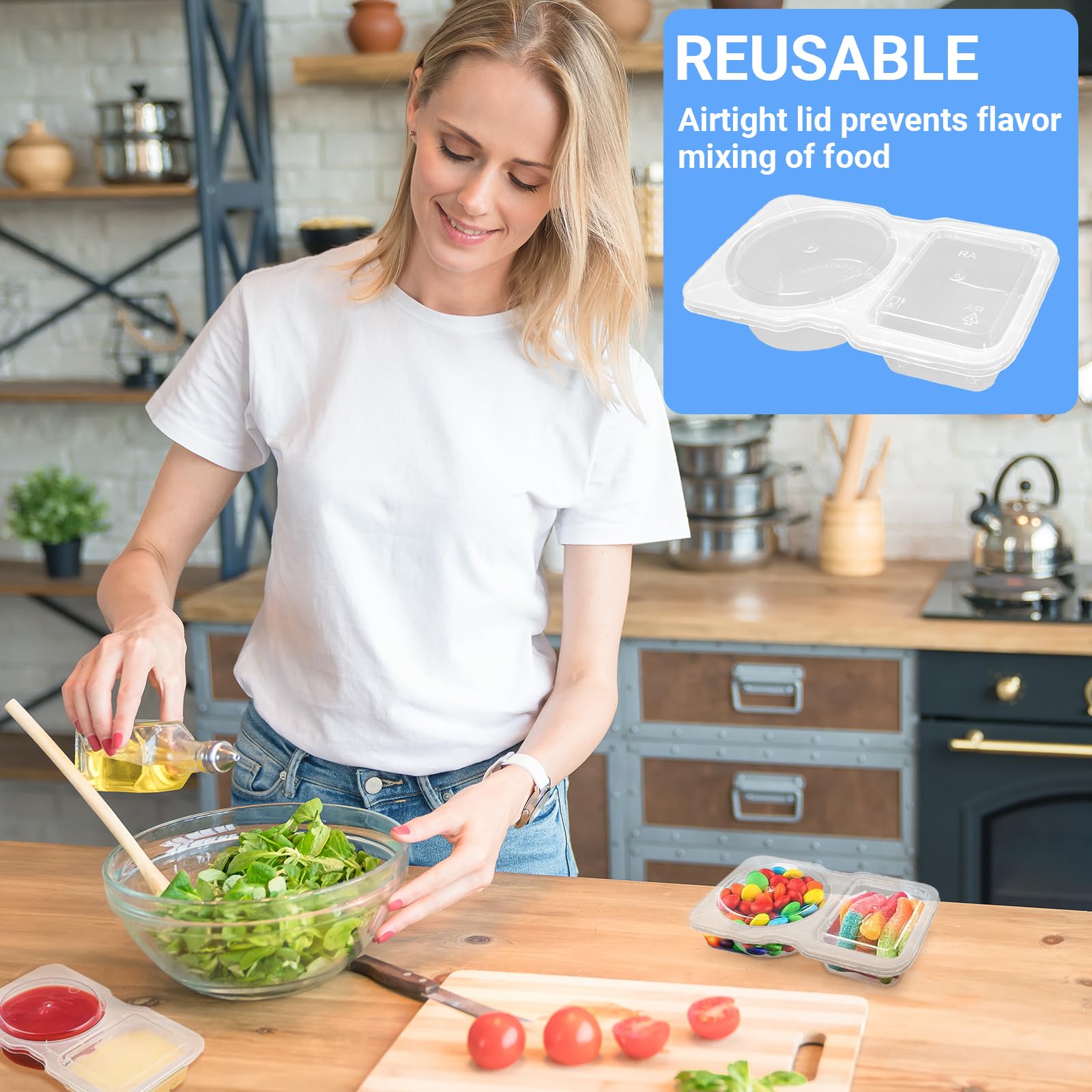 Set 20 Contenitori Per Alimenti A Doppio Scomparto - Riutilizzabili E A Tenuta Stagna - Per Salse, Condimenti E Snack - Adatti A Microonde E Lavastoviglie - 2