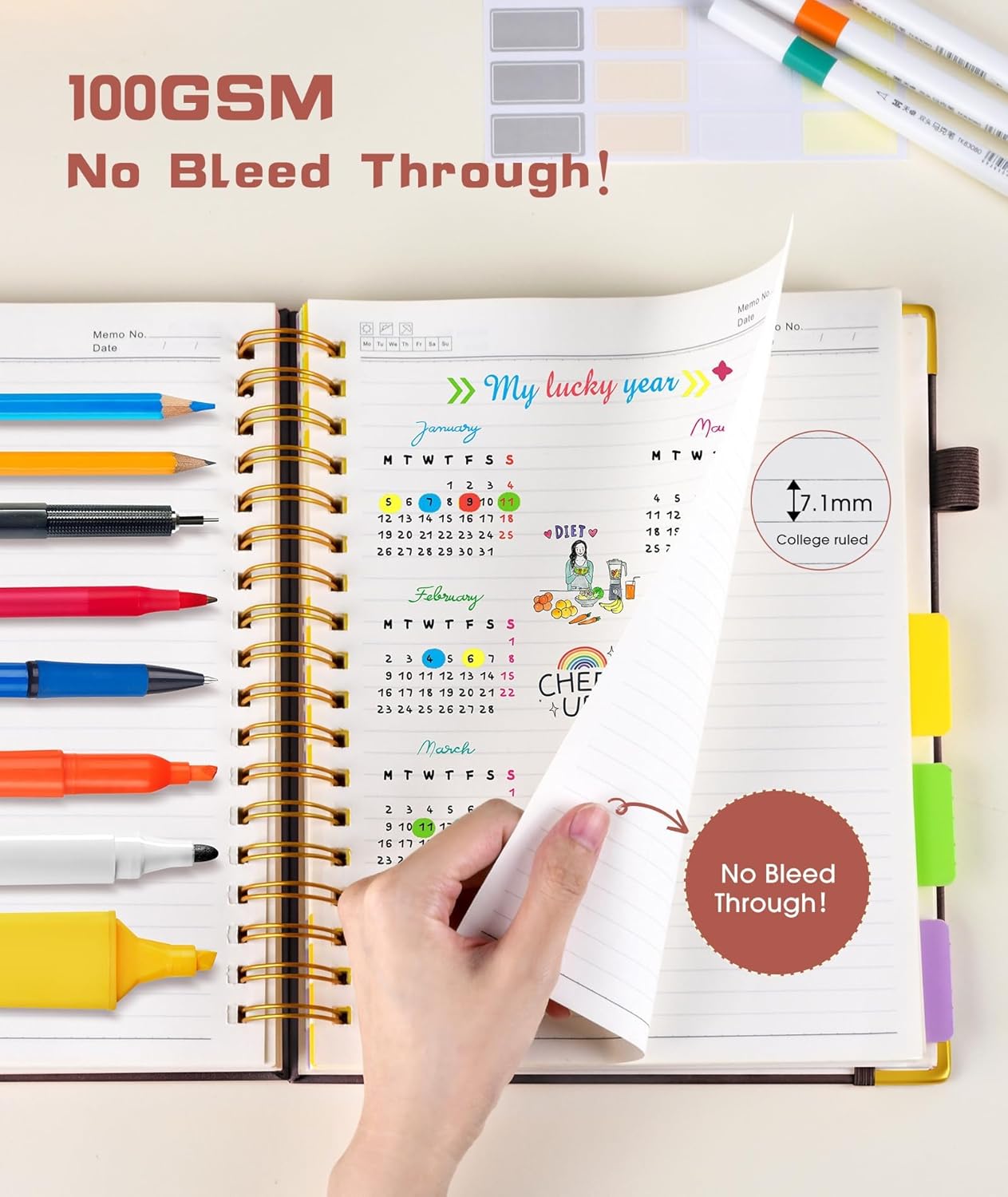 Hardcover Spiral Notebook 8.5"x11" Journal with Removable Dividers Tabs, 300 Pages Leather 5 Subject Notebook College Ruled, Large A4 Notebooks for Work School, Lined Journal for Women, A4 Brown
