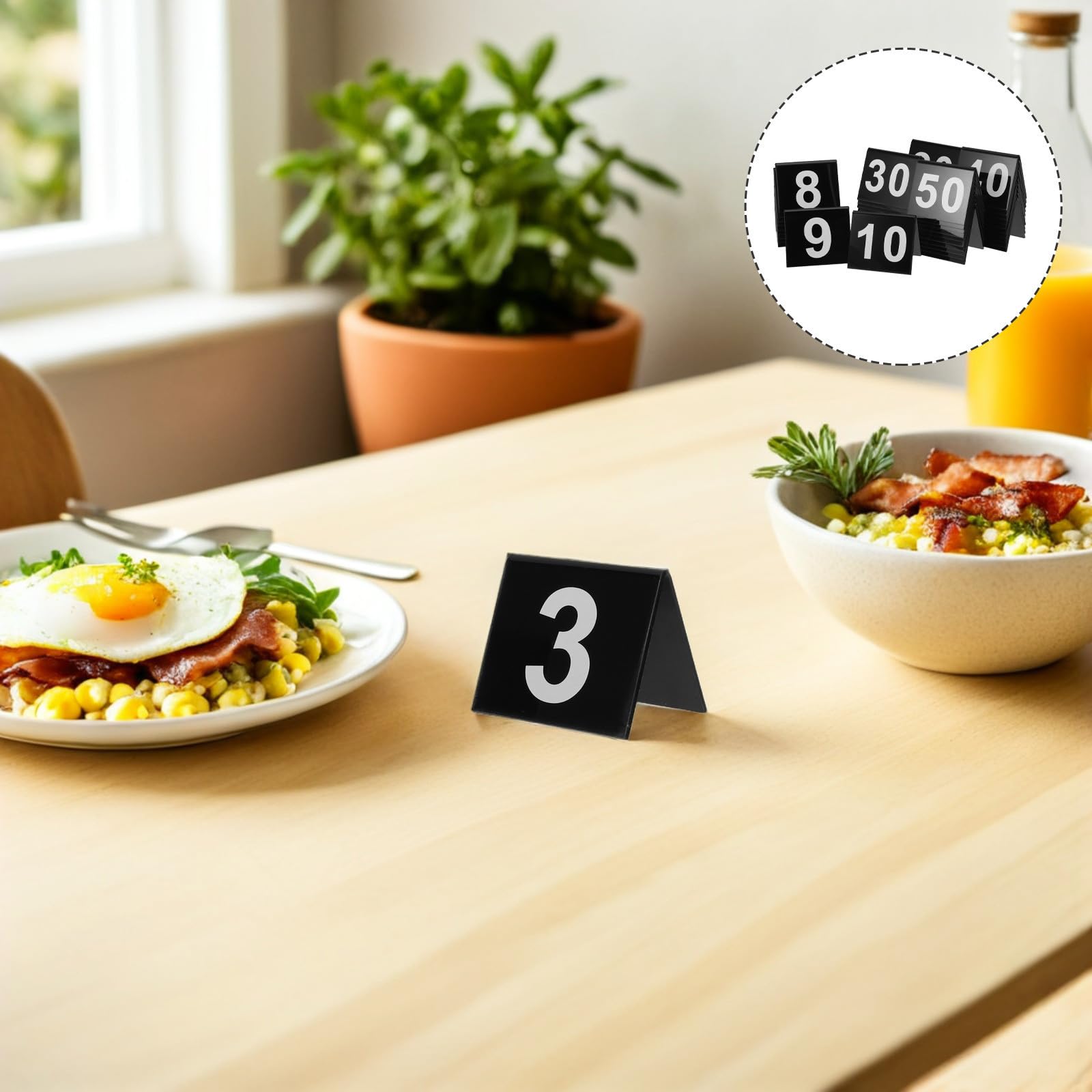 POPETPOP Números de Mesa Acrílicos 1-50, Carteles Triangulares V | Doble Cara Visible, Base Estable, 50 Piezas, Diseño Compacto para Áreas de Comedor Reducidas