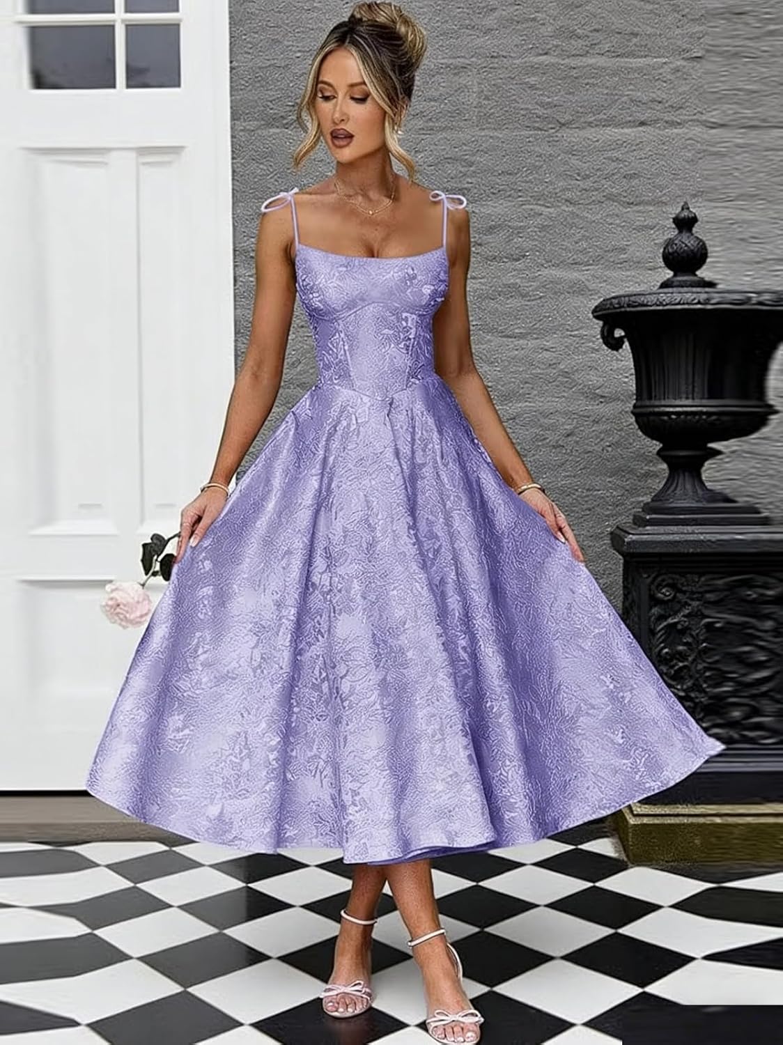 Satin Jacquard Tea Length Prom Dresses for Teens A Line Midi Formal Evening Party Gown 2026
