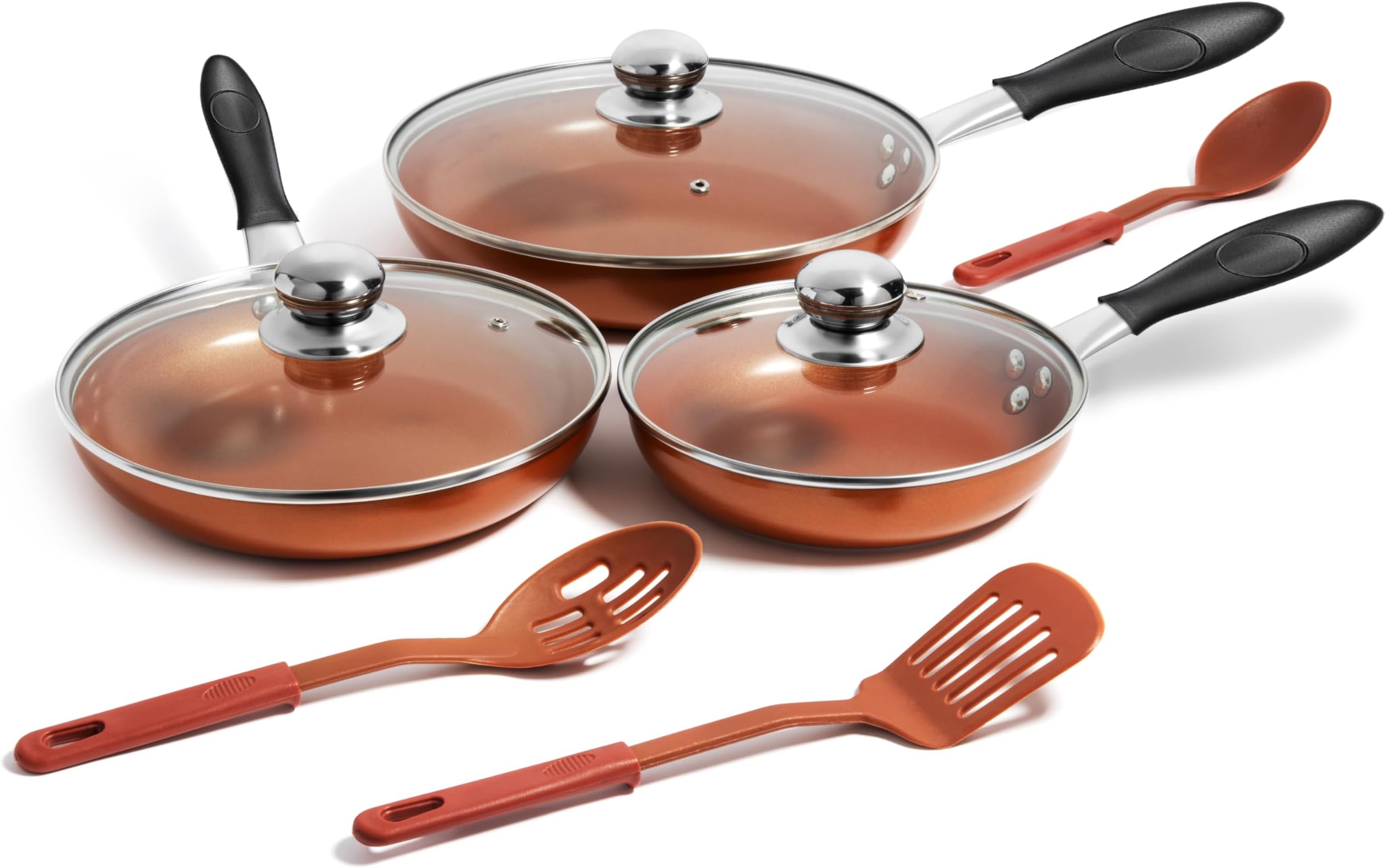 Razab 3 PC Nonstick Copper Frying Pans Skillets Set with Lids (8", 9.5", 11") - Ceramic Coating & Silicone Spatulas for Cooking Egg, Omelette - Kitchen Cookware for Induction, Gas & Electric Stovetop
