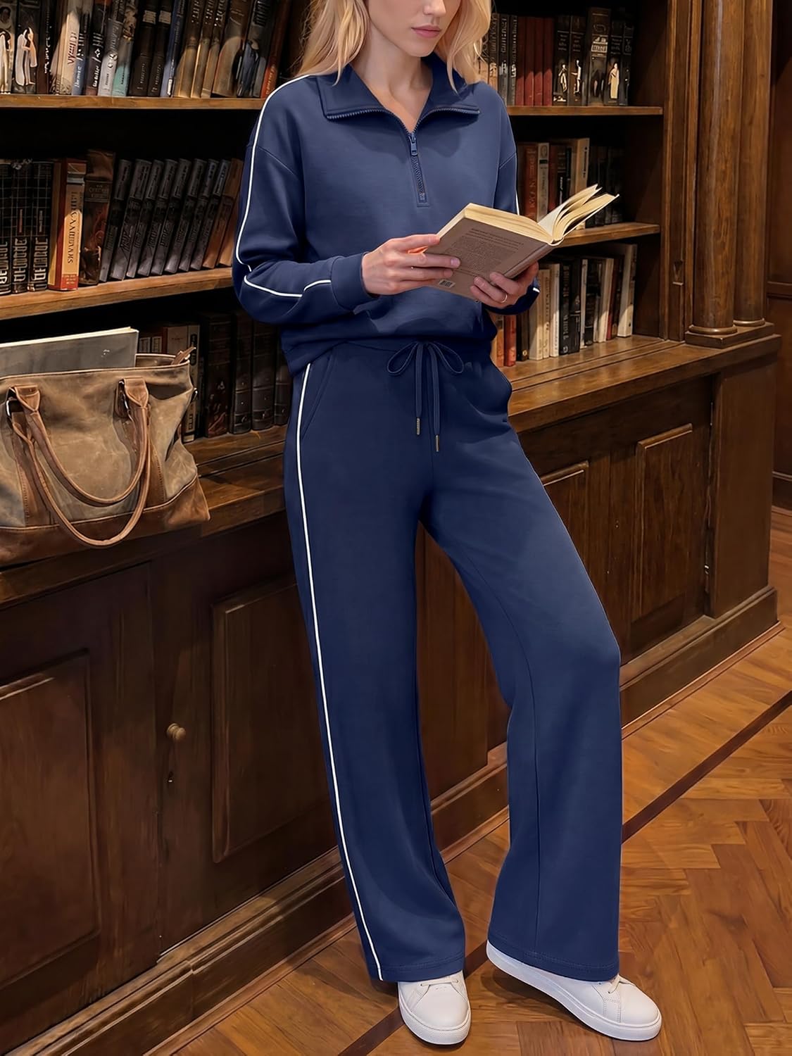 Casly Lamiit Women's 2 Piece Outfits Half Zip Wide Leg Casual Tracksuit