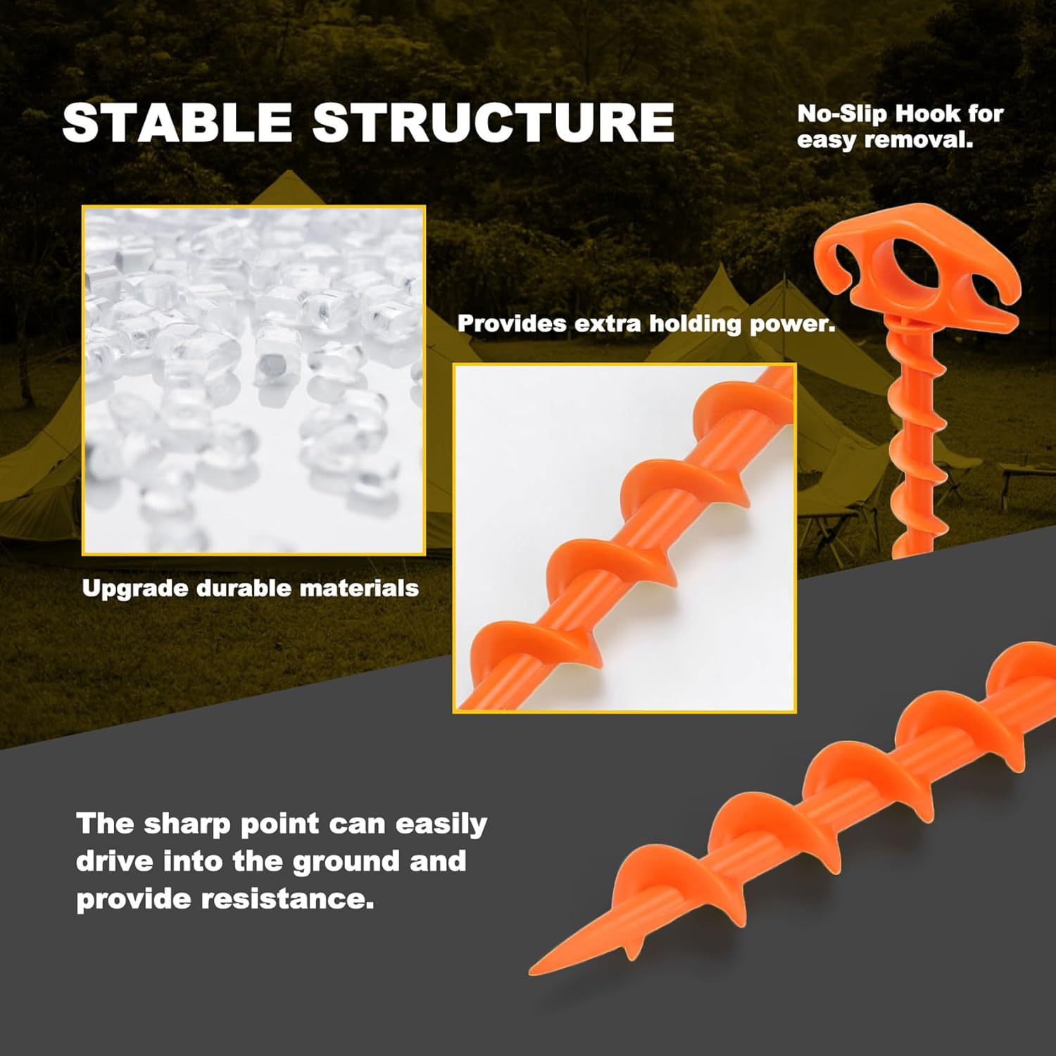 Tent Stakes Ground Anchors Screw in, 16 Pack Sand Stakes for Beach 9.4 Inch Heavy Duty Spiral Tent Pegs for Camping, Party, Hiking, Outdoor Decoration (16, Orange)