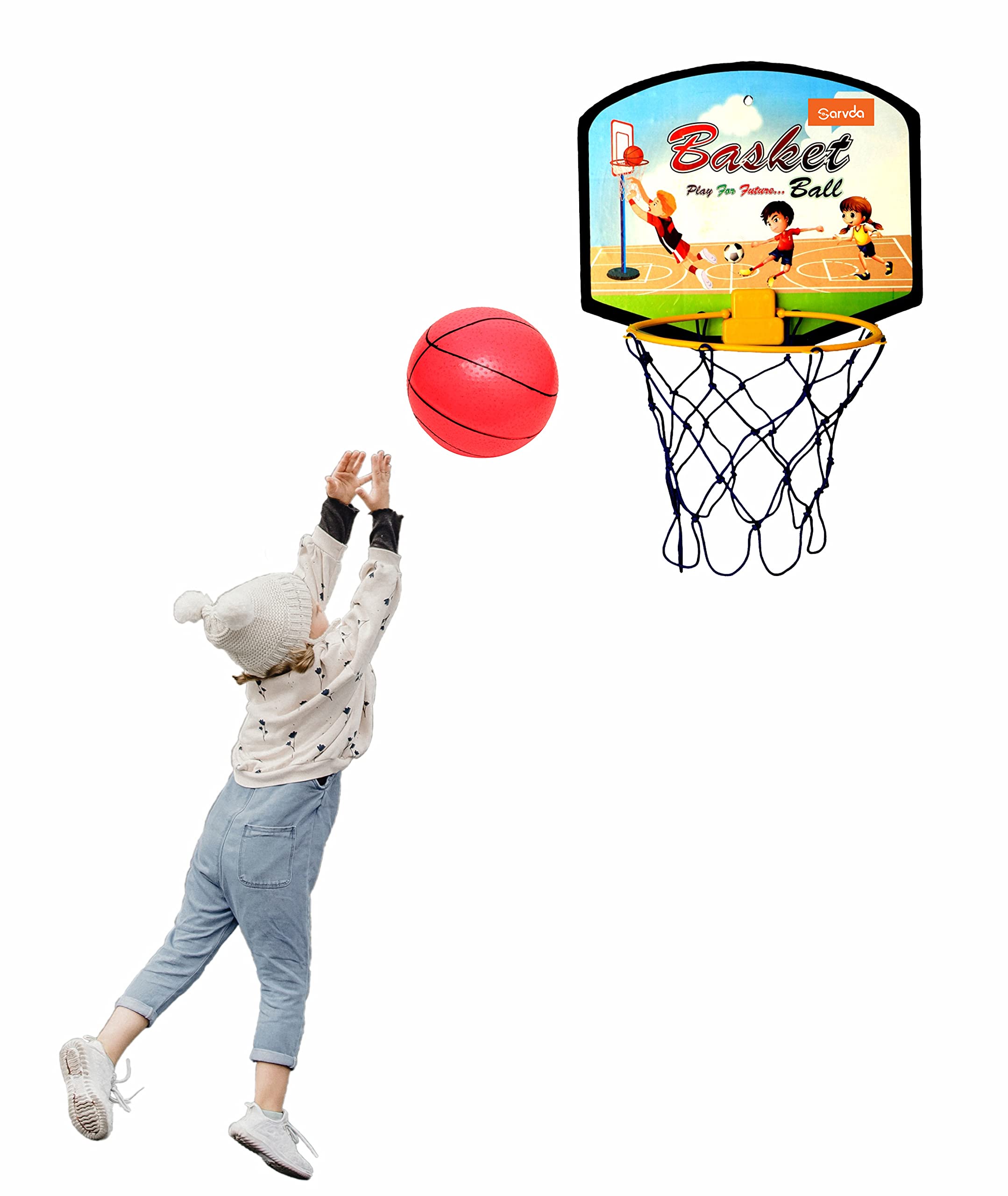 - Sarvda Basketball Portable Set for Kids with Hanging Board Ball net Outdoor and Indoor Game Good Pastime Gift Set Multicolor (Basketball - 1)