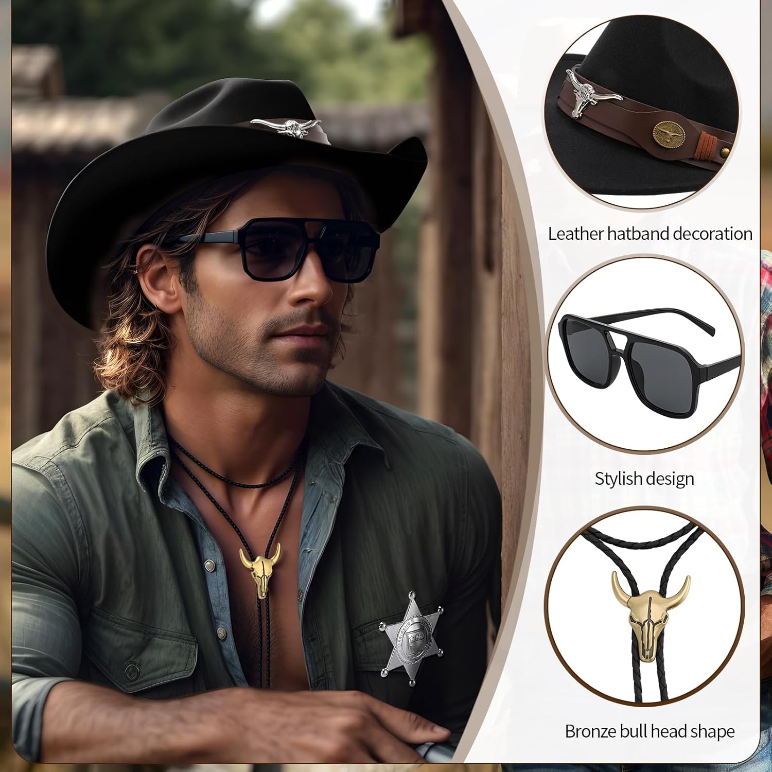 7 Pcs Cowboy Outfit for Men Women Western Cowboy Costume Accessories for Cosplay Halloween Party - Image 2
