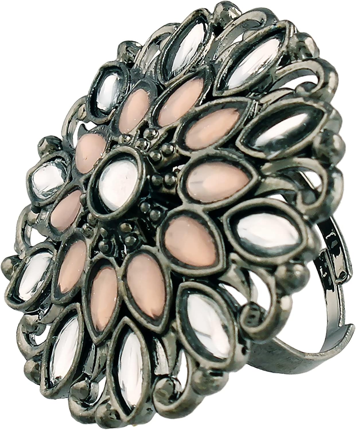 I Jewels Silver Oxidized Indian Wedding Bollywood Kundan Work Designer Adjustable Finger Ring for Women