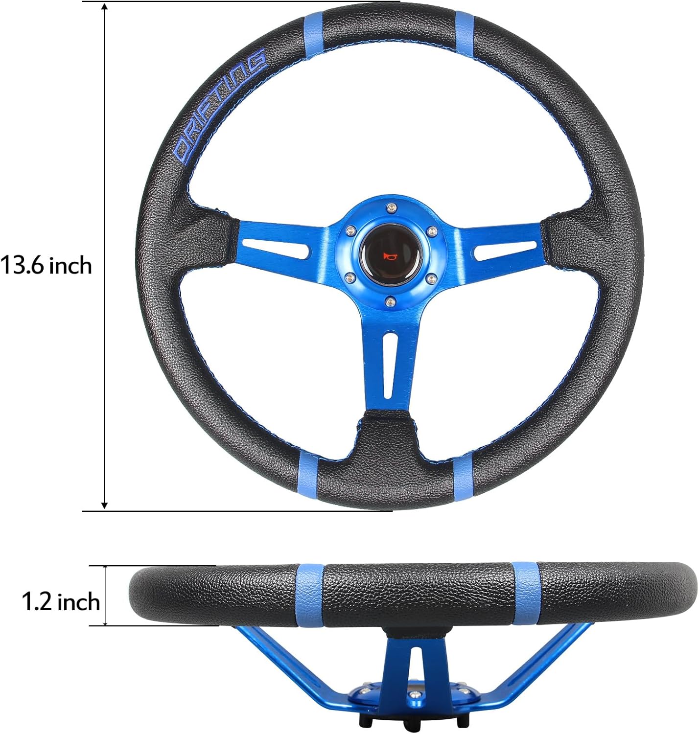 13.8''Universal Deep Dish Racing Steering Wheel with Vinyl Leather Aluminum Blue Spokes 6 bolts Drifting Steering Wheel with Horn Button