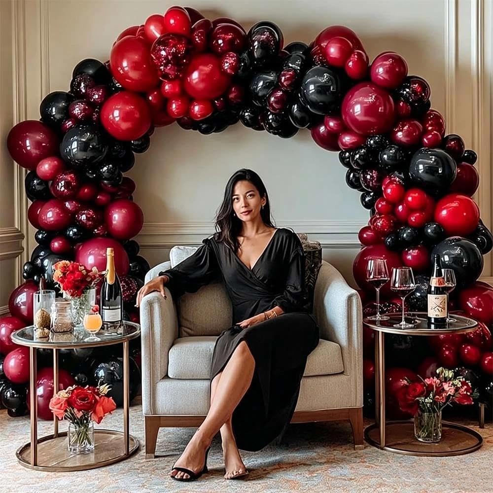 Black Red Balloon Arch Double Stuffed Black Burgundy Maroon Balloons Dark Ruby Red Metallic Balloon Garland Kit for Birthday Wedding Anniversary Graduation Party Decorations