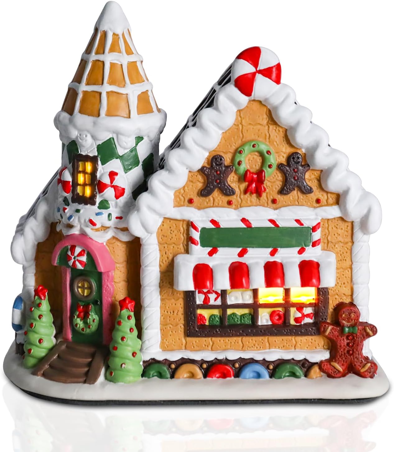 VCUTEKA Gingerbread House Christmas Decorations Indoor, Ceramics Christmas Village with LED Light Ice Cream House, Collectible Buildings for Xmas Mantel, Tabletop, Desk Decor