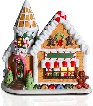 VCUTEKA Gingerbread House Christmas Decorations Indoor, Ceramics Christmas Village with LED Light Ice Cream House, Collectible Buildings for Xmas Mantel, Tabletop, Desk Decor