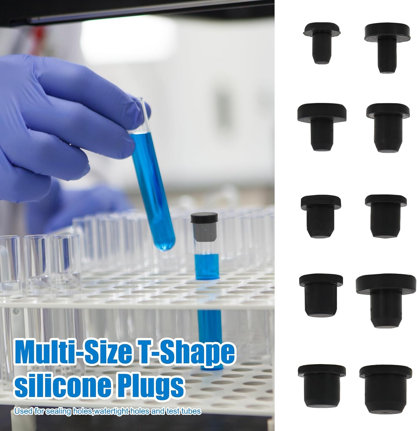 100-Pack Silicone Rubber Hole Plugs for Round Holes, 10 Sizes T-Shaped Plastic Hole Plugs, Rubber Stoppers, Black High Temp Waterproof Sealing Caps for Pipes, Tubes, Test Tube Plug