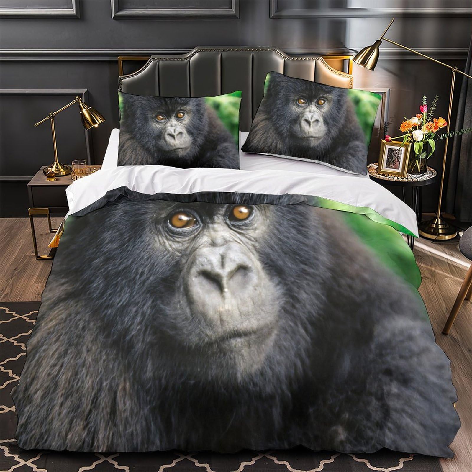 Housse de Couette Gorille 3D 200x200 cm en Microfibre avec Parure de Lit pour Garçon