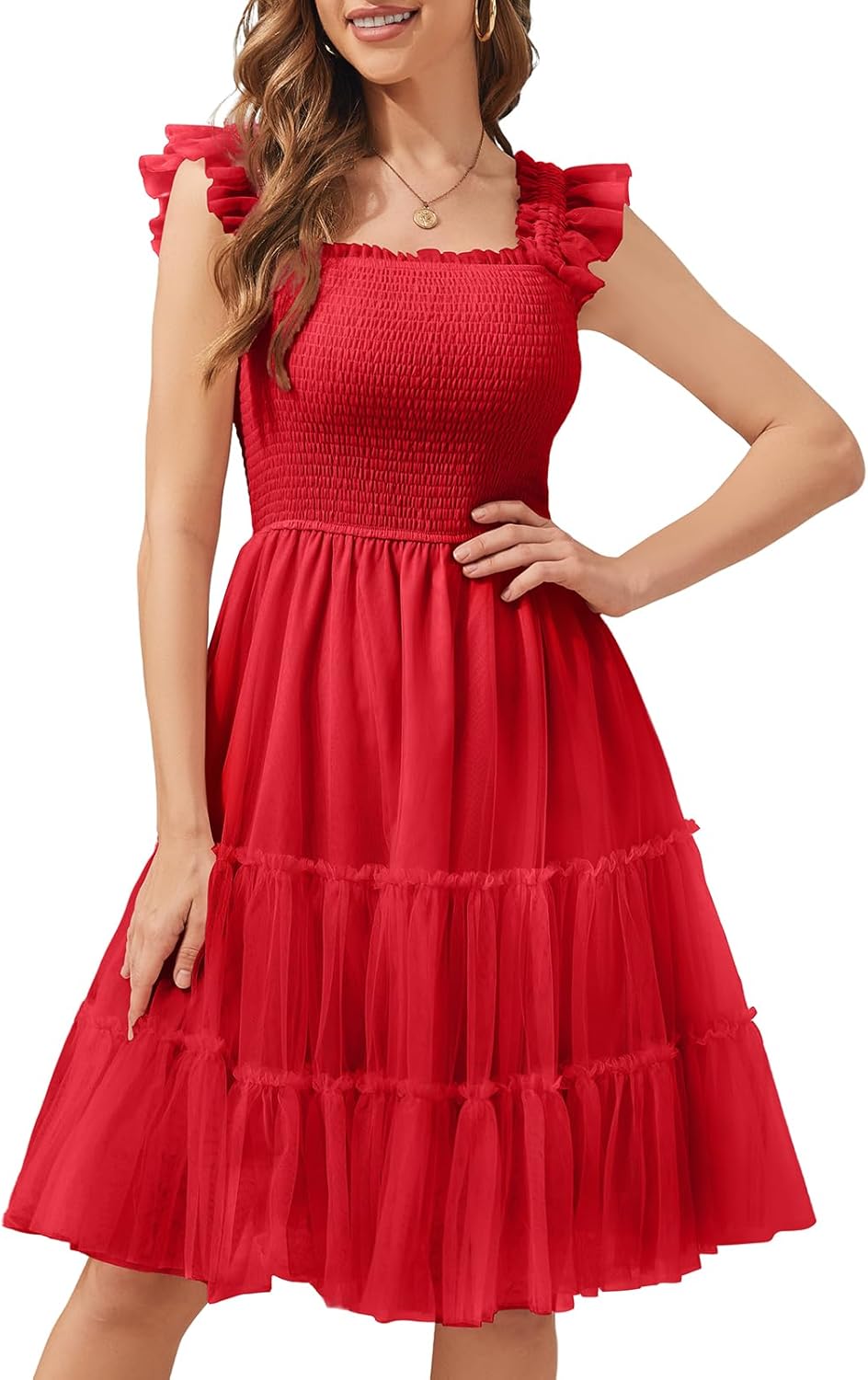 Meetjen Womens Prom Dresses 2025 Fancy Cocktail Tulle Ruffle Tiered Smocked Knee Length Square Neck Homecoming Dress