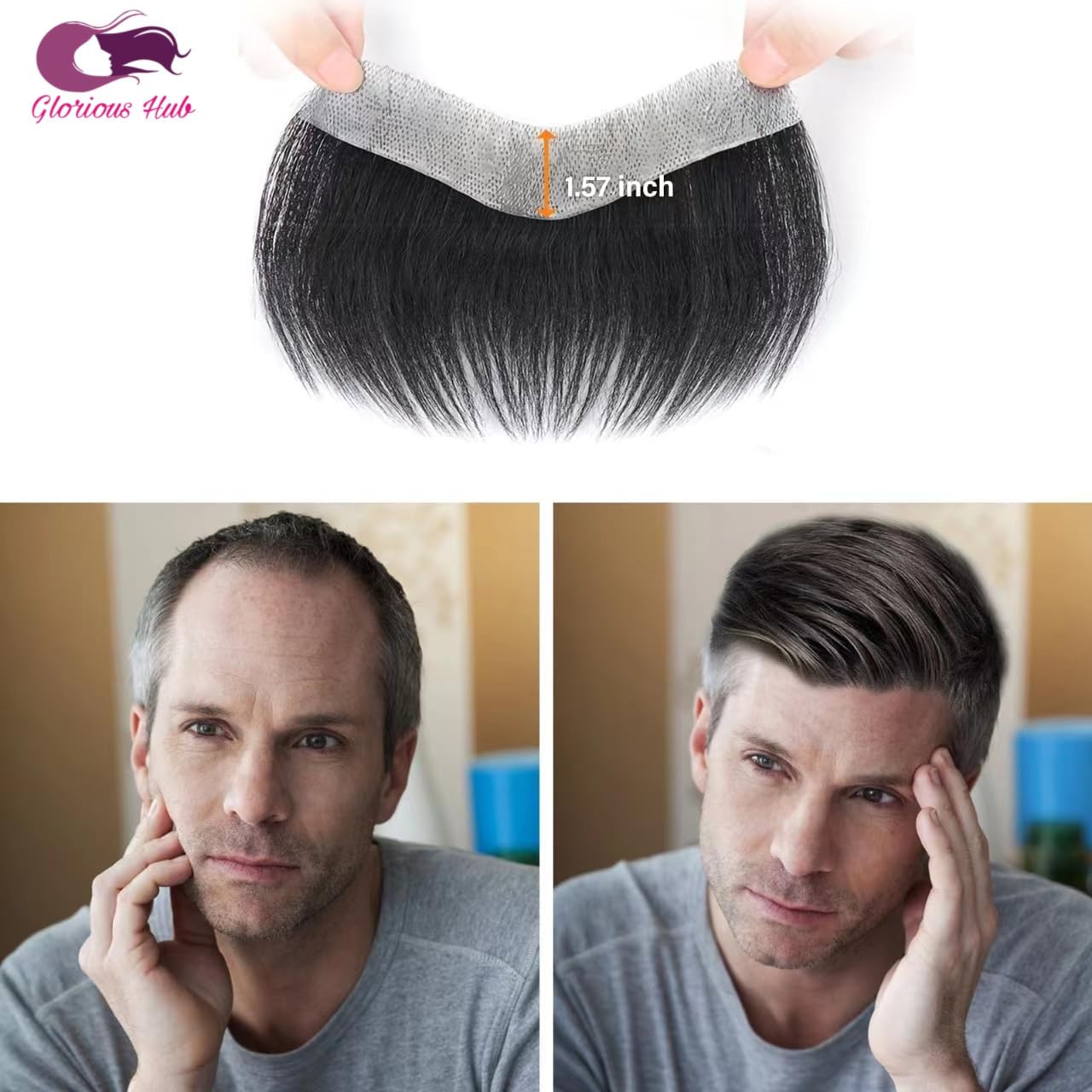 Glorious Hub Frontal Hair Patch for Men | Transparent Poly Base | 100% Real Human Hair Toupee | Natural and Invisible Hairline | Easy Fix with Glue or Tape | (Natural Brown) 2