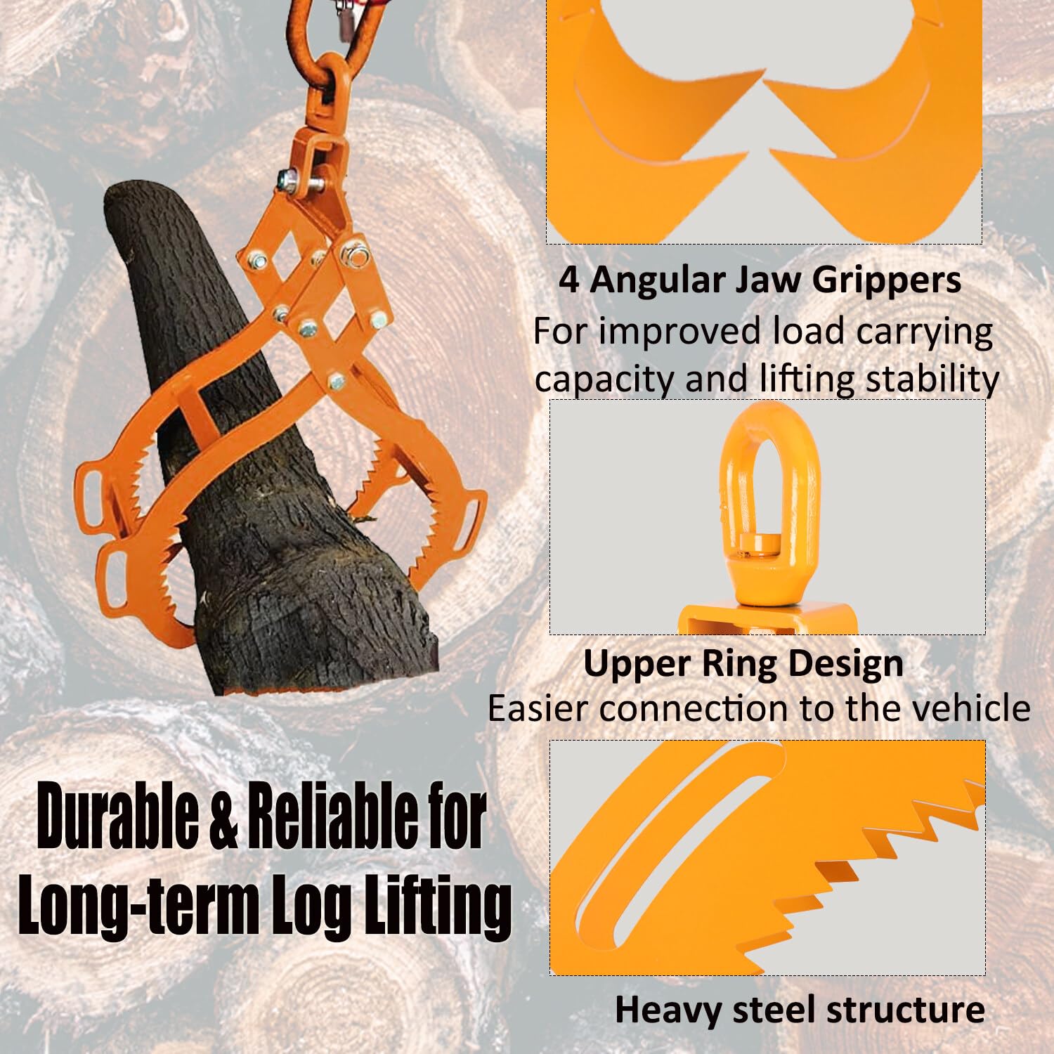 Pinza Forestal para Elevar Troncos de Hasta 720 mm, Gancho de Garra para Madera 4 Garras de Sujeción para Pinzas de Registro, Fuerza de Tracción 1500 kg/3300 lbs
