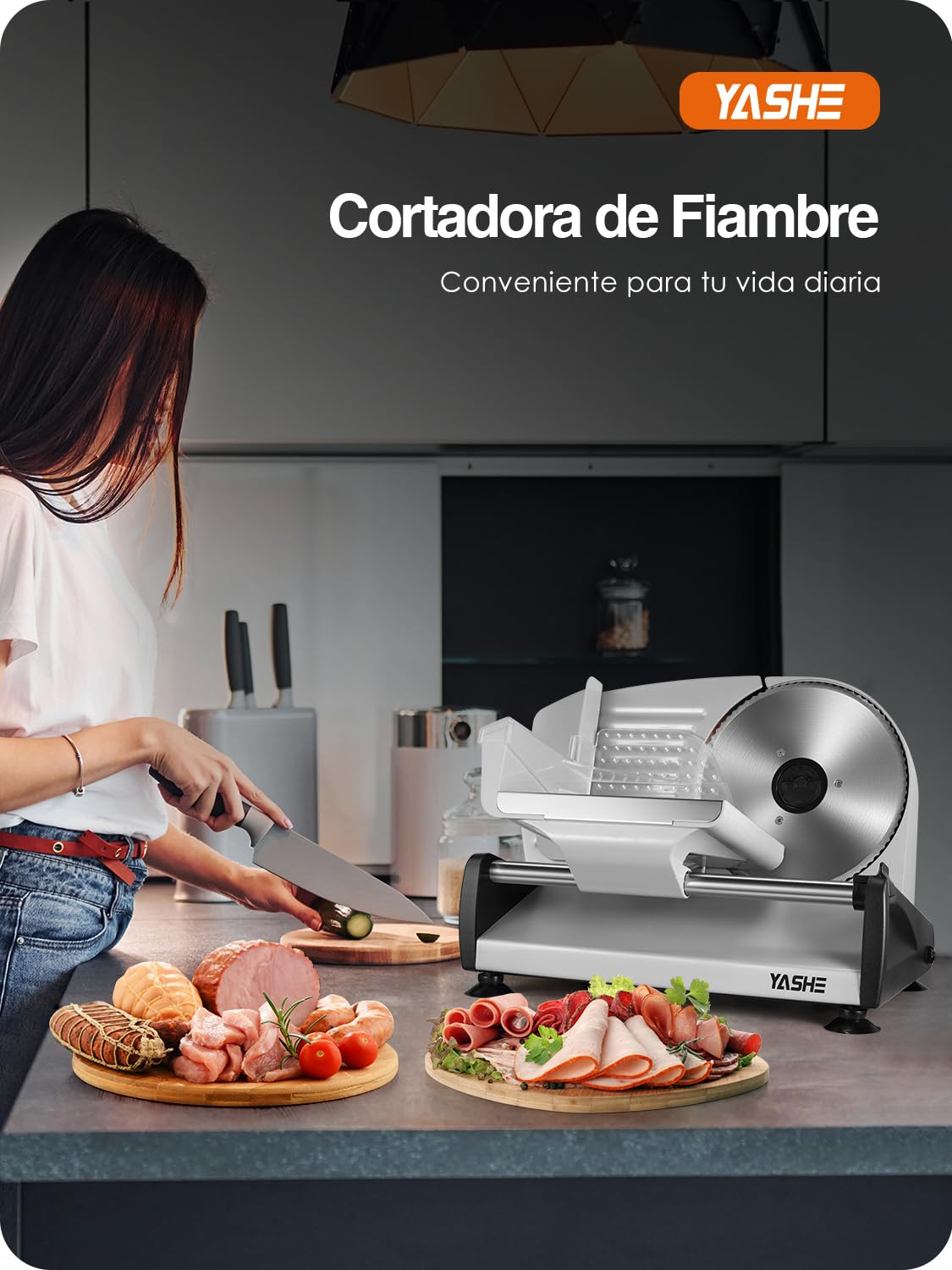 YASHE Cortadora De Fiambre, 150W Cortafiambres Para Carne Y Pan Con Cuchilla De Acero Inoxidable Removible 19cm, Grosor Ajustable 0–15mm, Bloqueo De Seguridad, Patas Ventosa Para Carne, Queso Y Pan