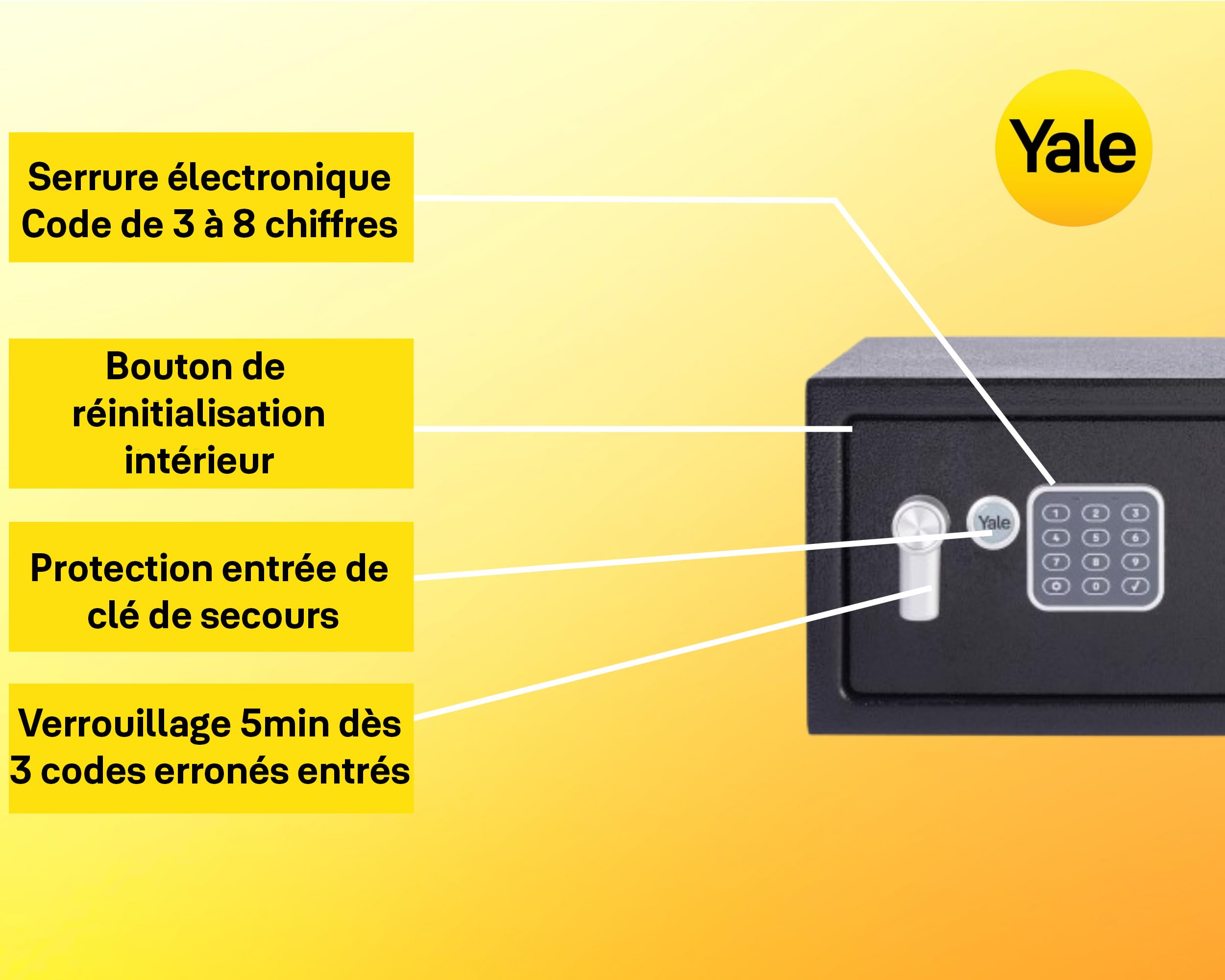 Yale Coffre-fort Électronique - Format Ordinateur 24L - Serrure 100 000 combinaisons, verrou électronique code 3 à 8 chiffres - dimensions 20x43x35cm YLV/200/DB2