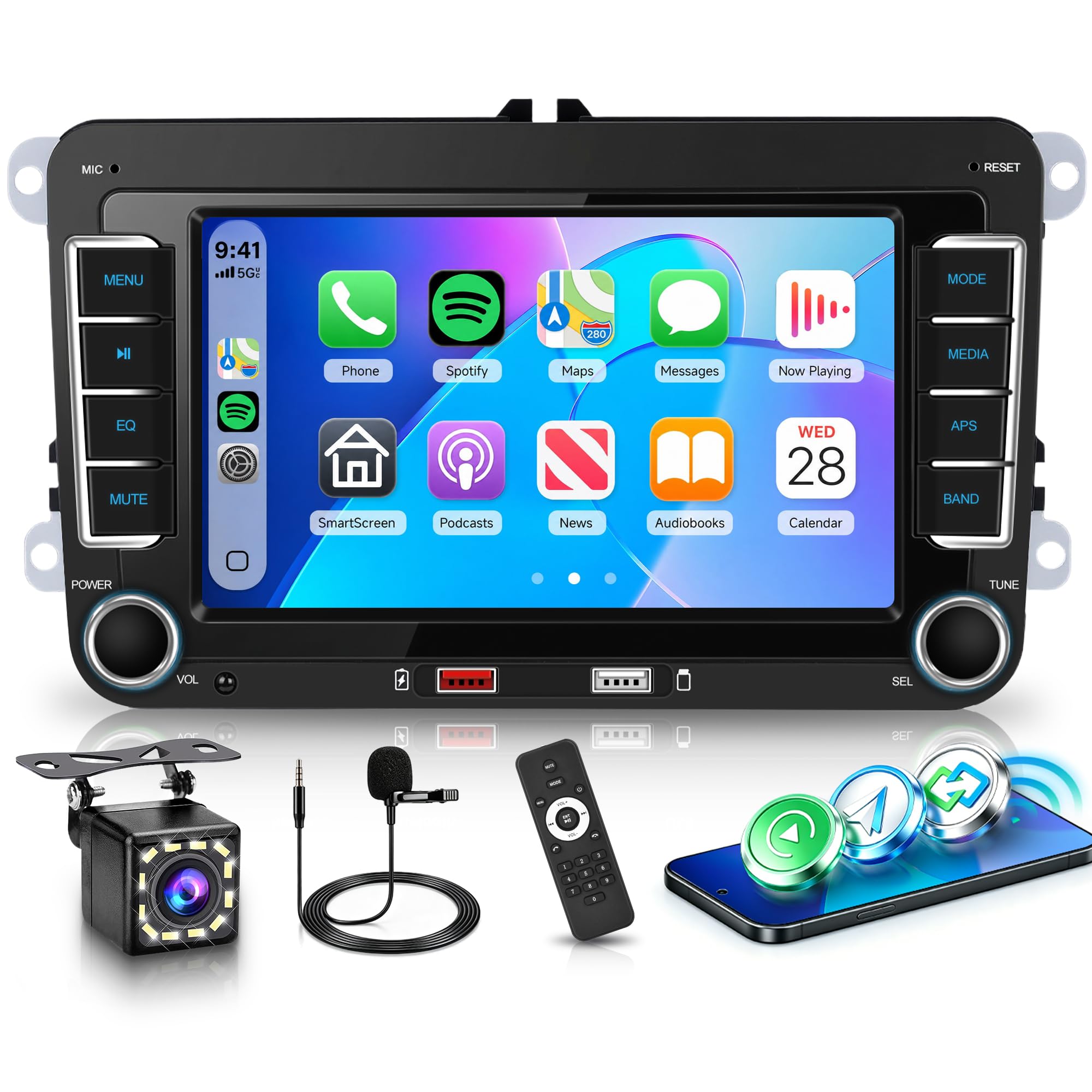 2G+64G sans Fil Carplay Android 13 Autoradio 2 Din pour VW Golf 5 6 Passat Polo Tiguan Touran Caddy Skoda Seat 9 Pouces Autoradio avec Android Auto GPS Navi WiFi Bluetooth FM/RDS/SWC Caméra de Recul