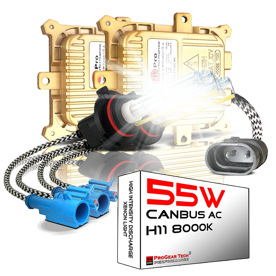 55W H8 H9 H11 H16 8000K Heavy Duty Fast Bright AC HID Xenon Bulbs bundle with AC Digital CANBUS Slim Ballasts No OBC Error for 12V Vehicles (Iceberg)