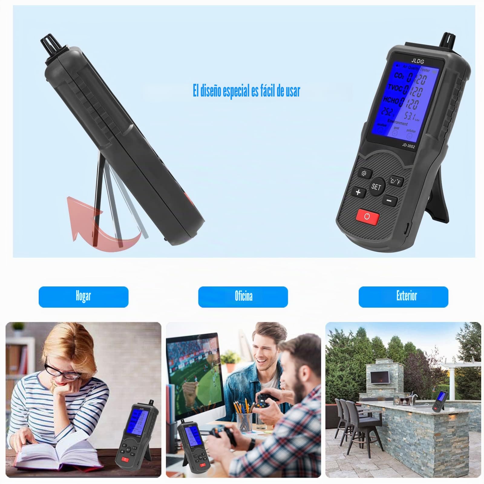 Probador de Calidad del Aire 8 en 1, Detector de CO2 Multifuncional Monitor de Calidad del Aire Medidor de CO2 TVOC Dispositivo de Medición de Temperatura y Humedad