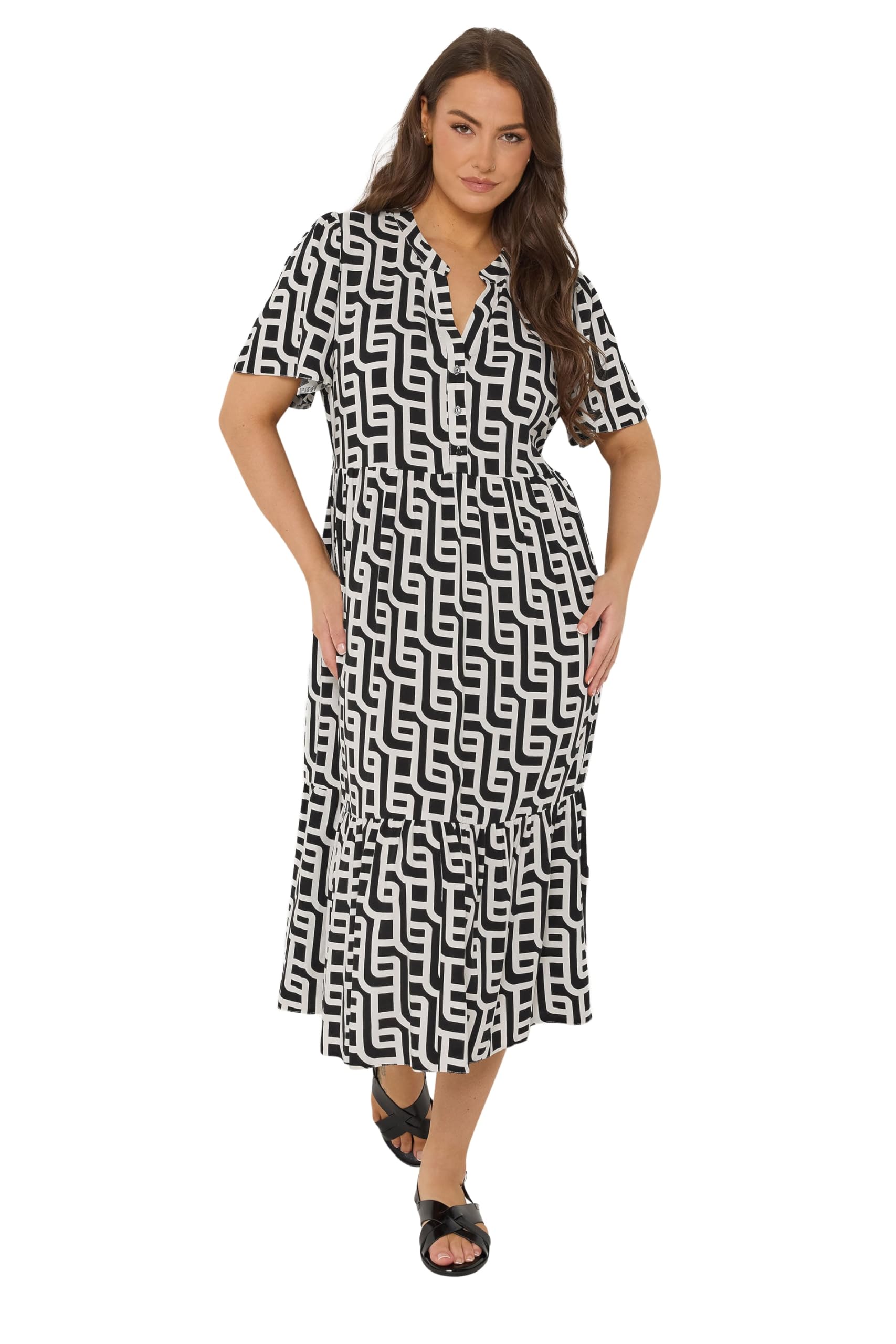 Yours Women's Black Geometric Half Placket Dress In | : Size 20