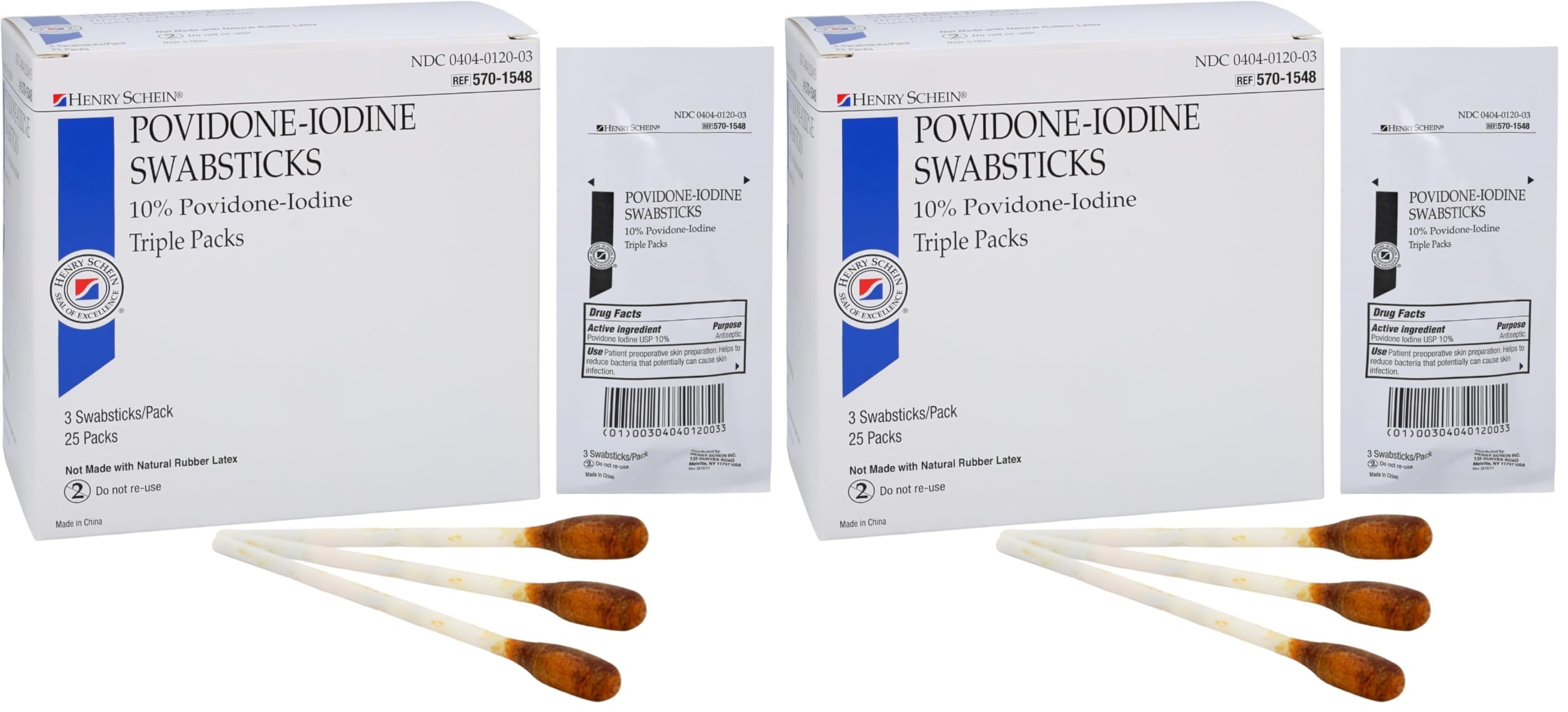 Henry Schein 10% Povidone Iodine Swabstick 3's, Sterile Antiseptic, 25 Ct (Pack of 2)