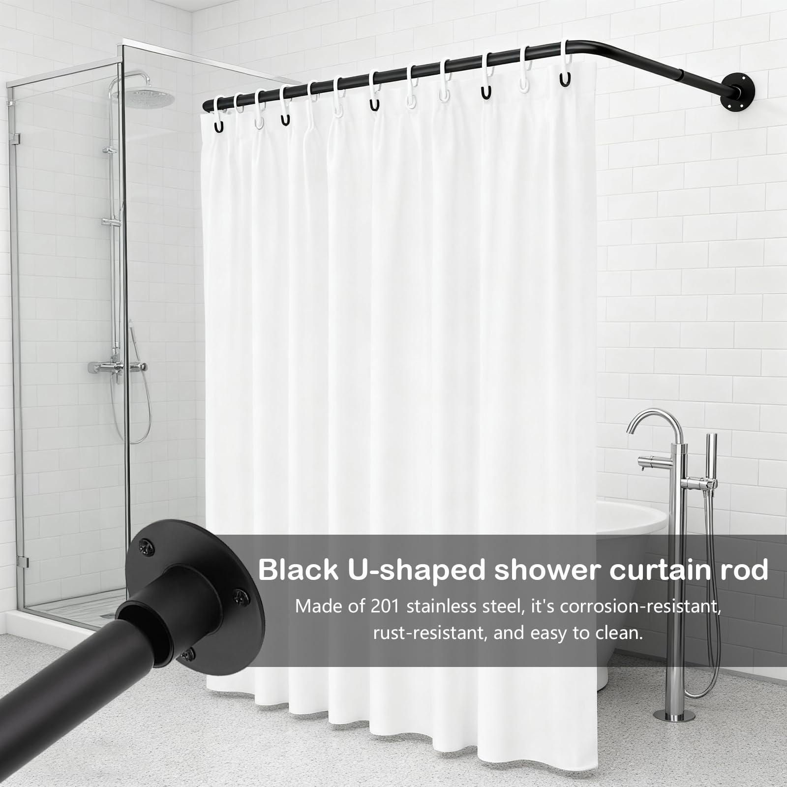 Barra De Ducha, Forma De U Barra De Ducha Ajustable Para Cortina De Duchas 70-95 Cm Barras De Duchas Para BañEra Sin Taladro Soporte Negro Para Cortina De Ducha Montaje En Techo