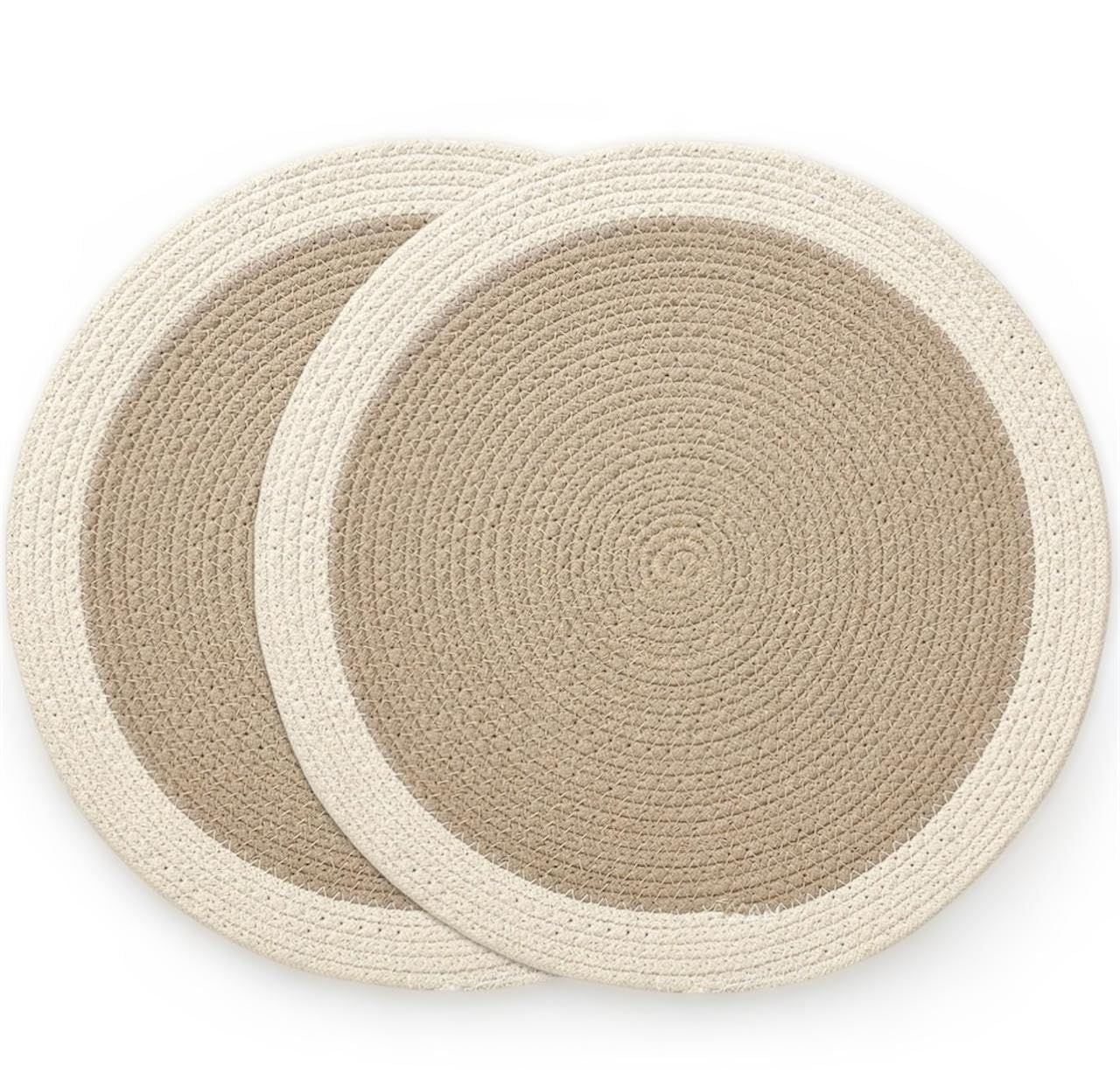 zaveza - dining table mats set of 2 | cotton round placemat - 33 cm diameter | beige & off white | handmade rib style
