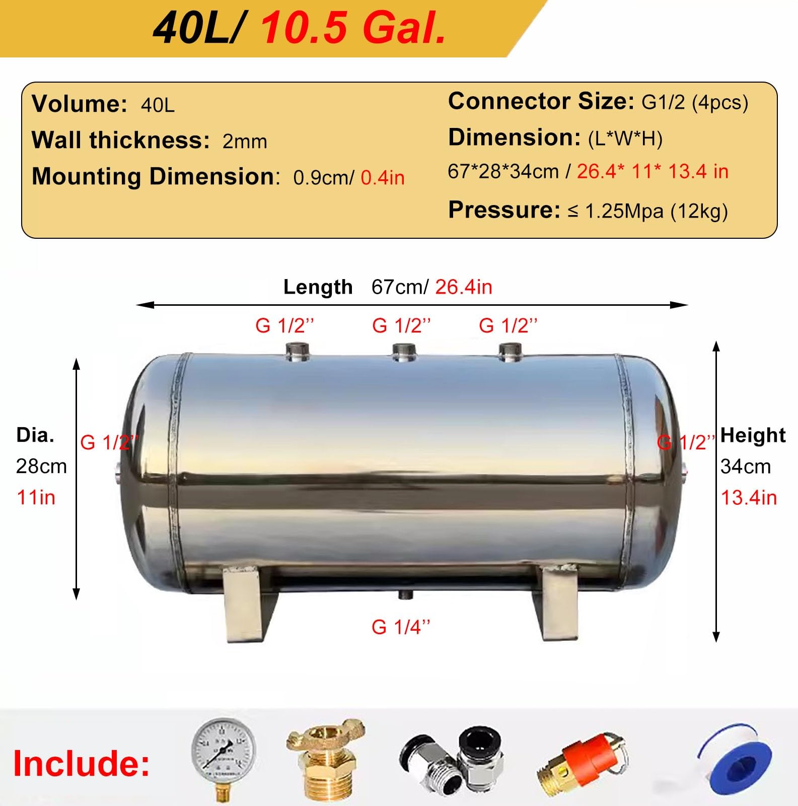 Réservoir de stockage d'air pour compresseur d'air, atelier, usine, laboratoire, 5, 10, 20, 30, 40, 50 litres, réservoir d'air horizontal, réservoir tampon sous(40L/67x28x34cm)