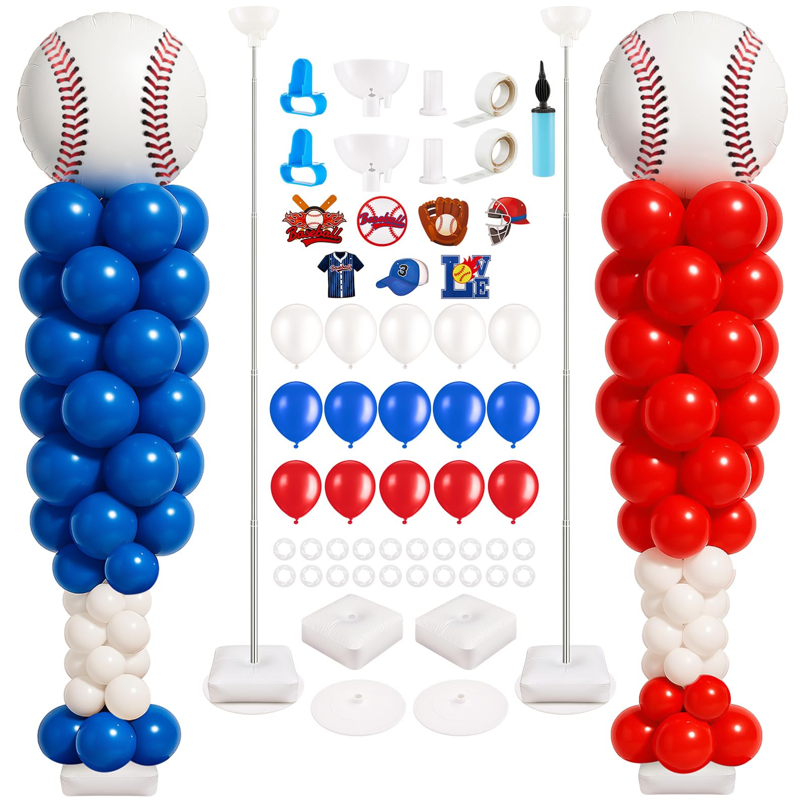 Gejoy 2 Sets Baseball Balloon Column Stand Kit with 253 Baseball Latex Balloons 7 Cards 6.5 ft Adjustable Towers Kit for Floor Party Decorations