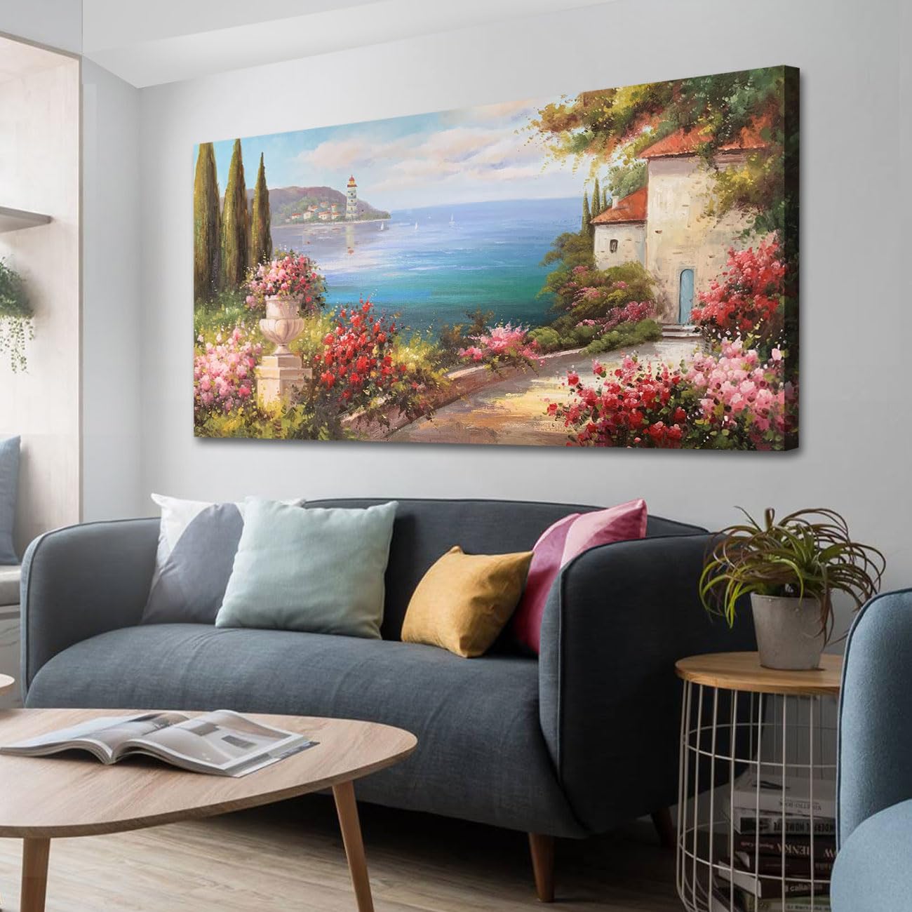 Arte de pared de paisaje mediterráneo, pintura de paisaje marino mediterráneo, árbol, flor rosa, azul, océano, paisaje moderno, obra de arte verde, gran marco para sala de estar, dormitorio, baño, decoración de pared en casa, oficina, 48 x 24 pulgadas