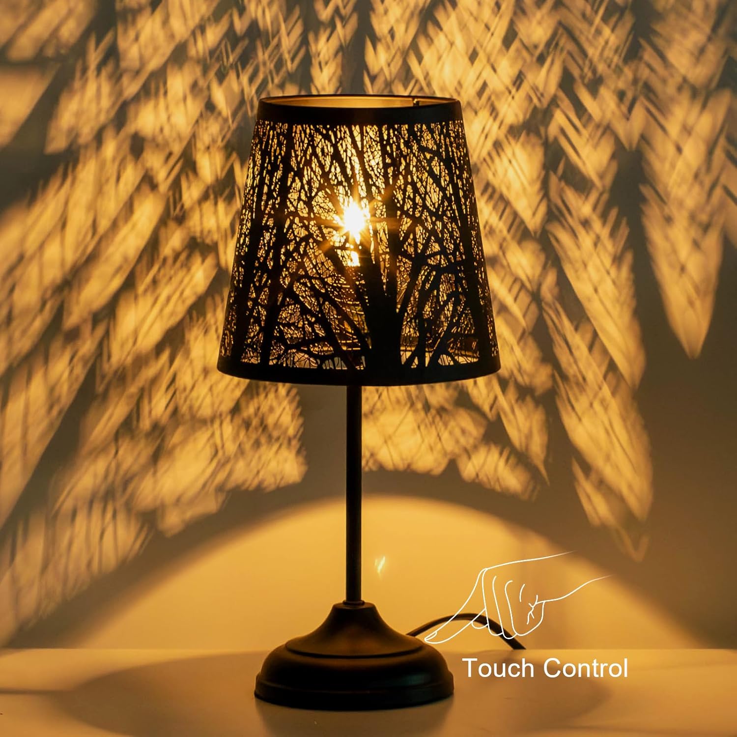 ZQQLITE Touch Control Table Lamp, Black Metal Tree Pattern Shadow Lamp Lights Mini Lamps with dimmable 3-Levels Brightness Vintage Accent Decor Lamp Indoor Mood Lighting Bedroom Living Room (Black)