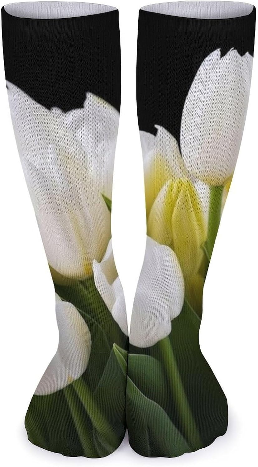 Breathable Crew Sock, Moisture Wicking, Athletic Calf Socks, Cozy | Different Flowers Compression Socks for Women Men, Lightweight High Work Socks for Business, Casual