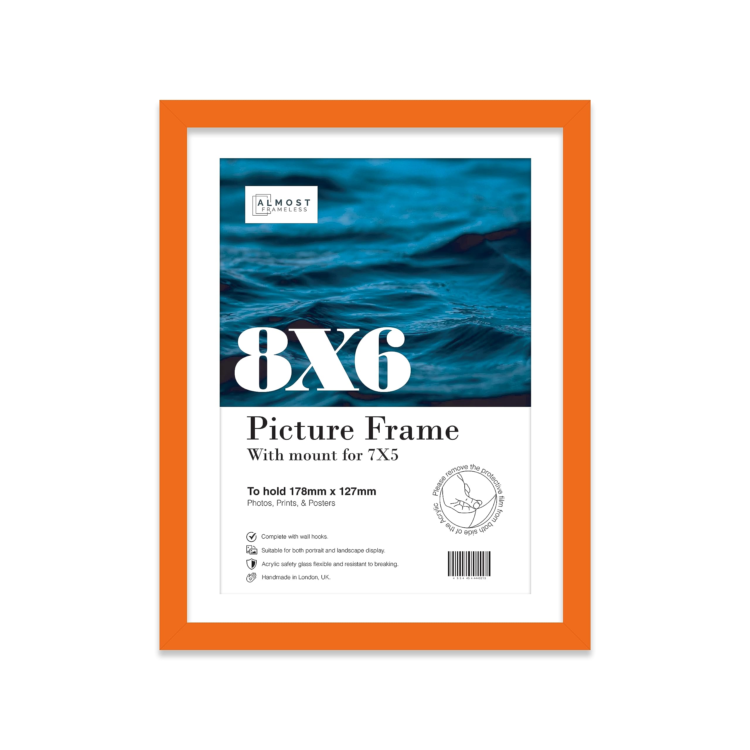 Almost Frameless 8x6 Orange Picture Frame With Mount for 7x5 Print, Poster or Photo Poster, Photo, Artwork, or Print. Thin Edge Slim Frame Portrait and Landscape Display with Wall Hooks