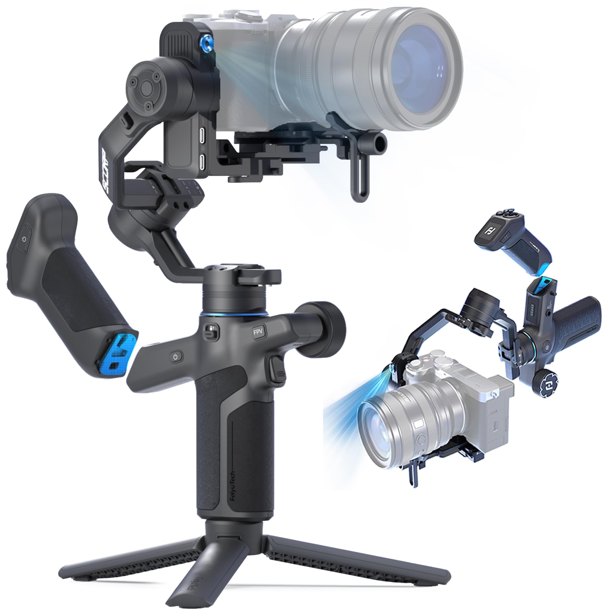 FeiyuTech SCORP Mini 3 Pro-3 Axis Stabilisateur de cardan tout en un, suivi IA 4.0 intégré, poignée détachée, charge utile de 2 kg, contrôle gestuel, port d'extension 6,35 mm, pour appareil photo et