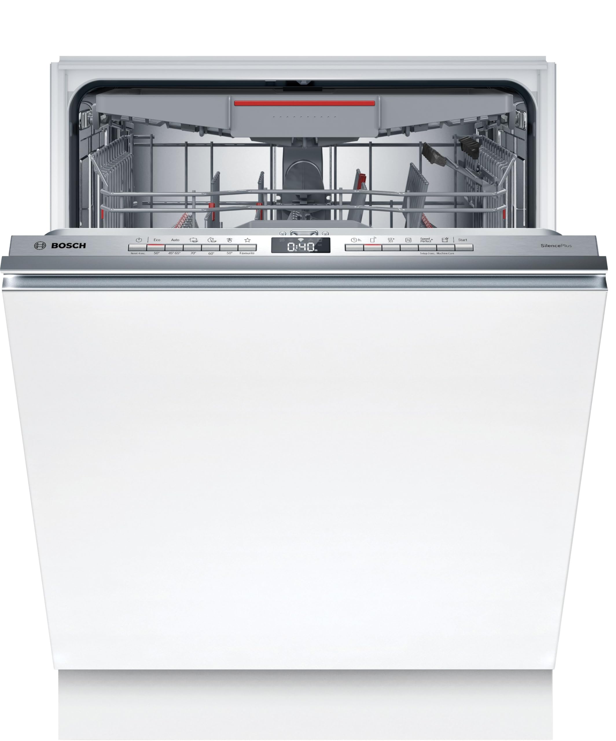 Bosch Lavavajillas inteligentes SMV4ECX27E Serie 4, totalmente retráctil, cestas personalizables, indicador de función inferior, acero de baja emisión, 60 cm.