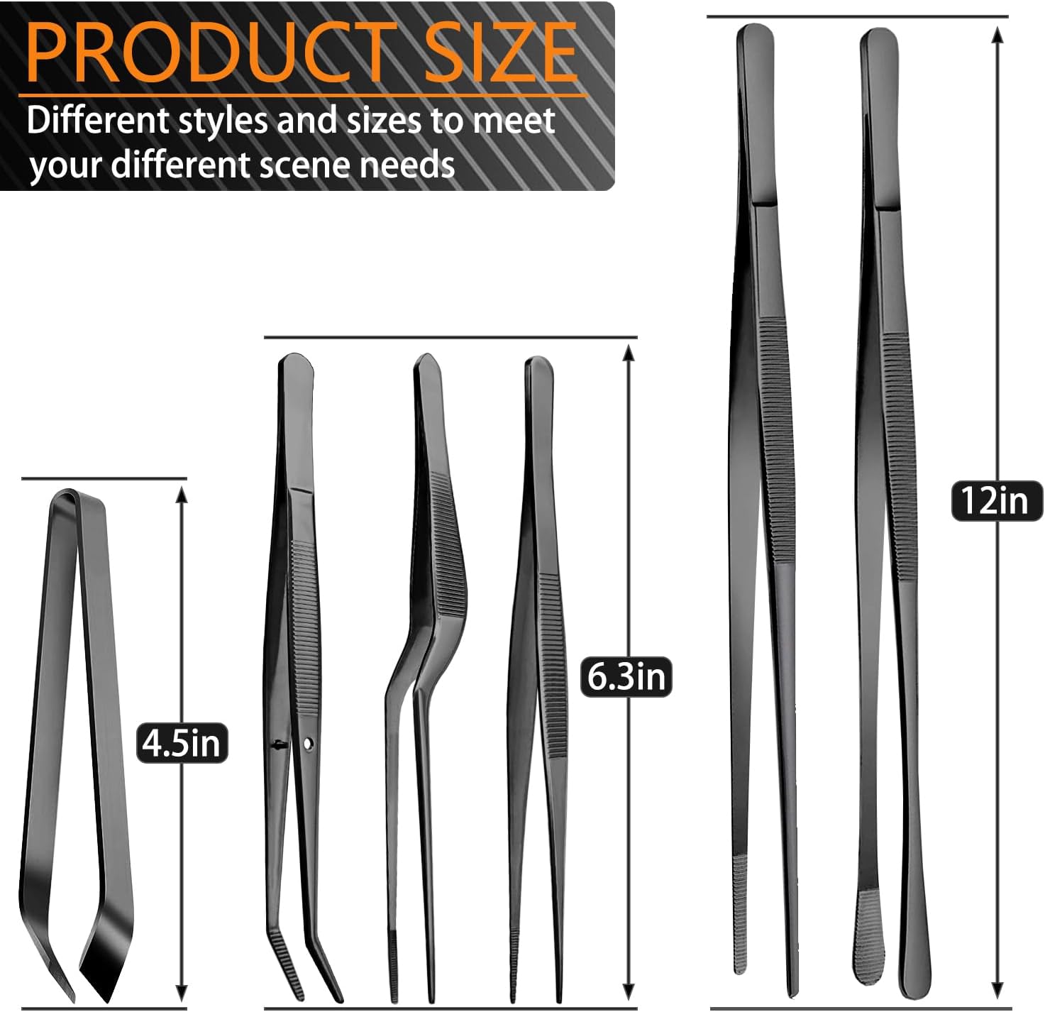 JETKONG 6 Pcs Cooking Tweezer Tongs, 12'' and 6.3" Stainless Steel Kitchen Tweezer Set, Professional Chef Tweezers for Cooking, Repairing, Sea Food, BBQ, Multi-use (Black) thumbnail