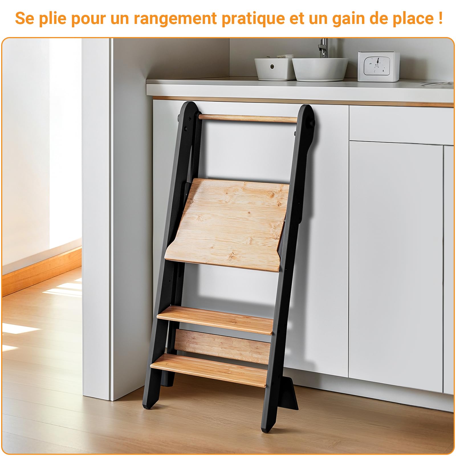 COSYLAND Tour D'observation Enfant Pliable Montessori 2 Hauteurs Réglables, Tour d'apprentissage Sécurisée avec Angles Anti-Bascule Chaise pour Enfants de 18 Mois À 6 Ans - Classic Black & Natural