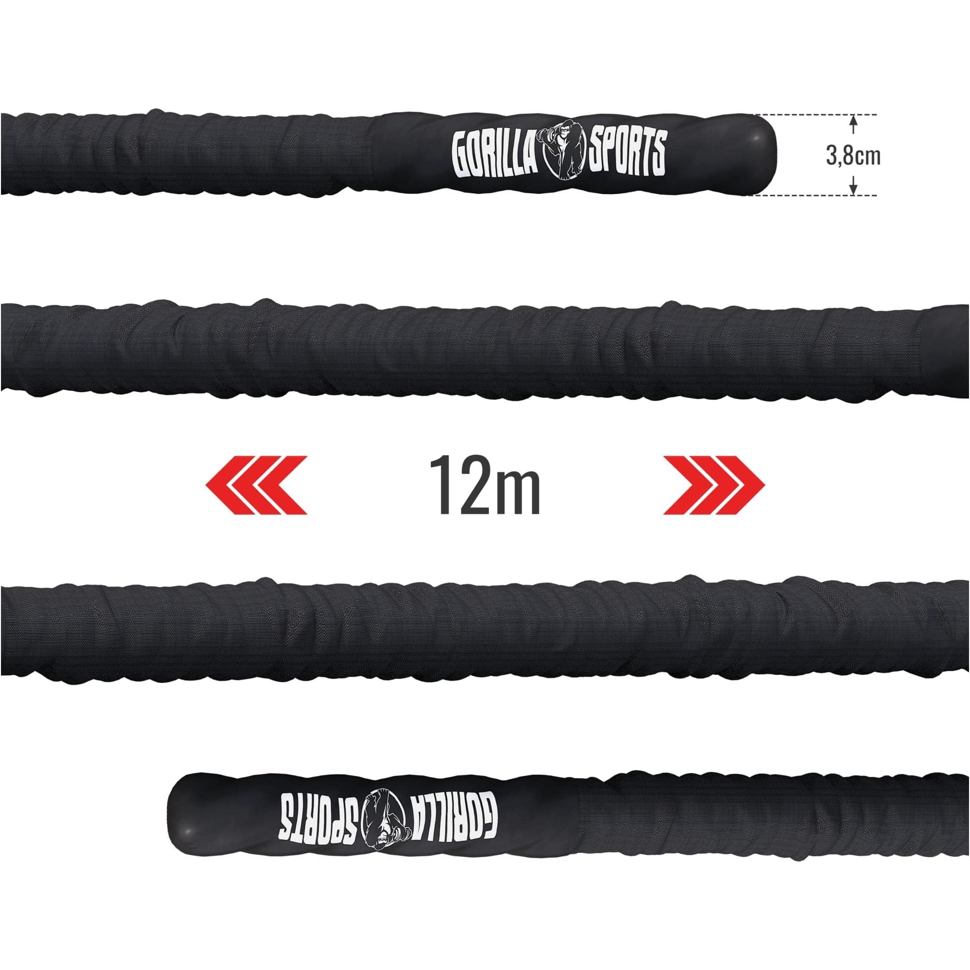 Gorilla Sports® Battle Rope - Longueur 9/12/15 m, Diamètre 38mm/50mm, avec Fixation Mural, en Nylon, Noir - Corde de Bataille, de Combat, Ondulatoire pour Entraînement, Sport, Fitness et Musculation