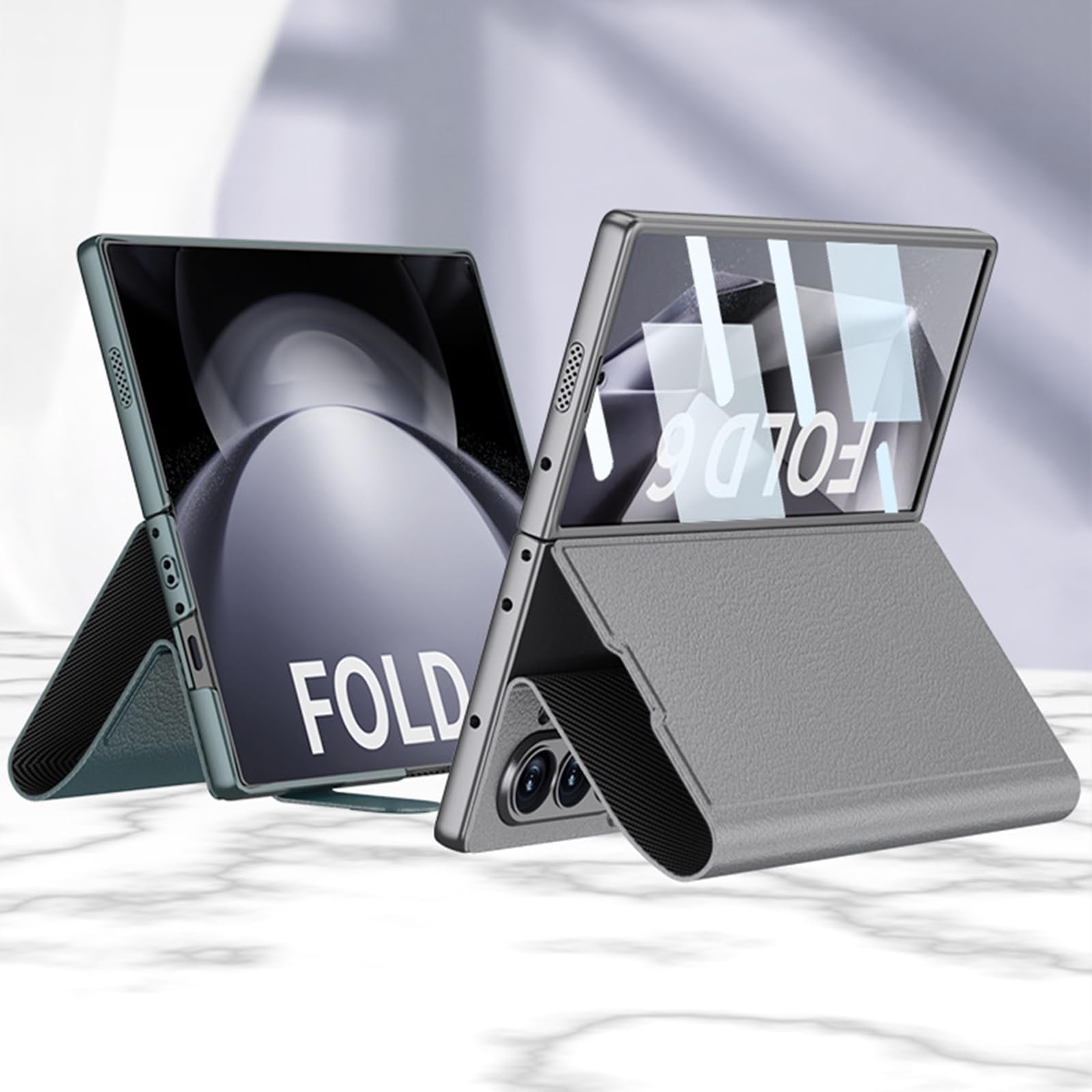 Skórzane etui do Samsung Galaxy Z Fold 6, z osłoną ekranu z klapką i funkcją stojaka, etui folio na całą obudowę, odporne na zarysowania, srebrne