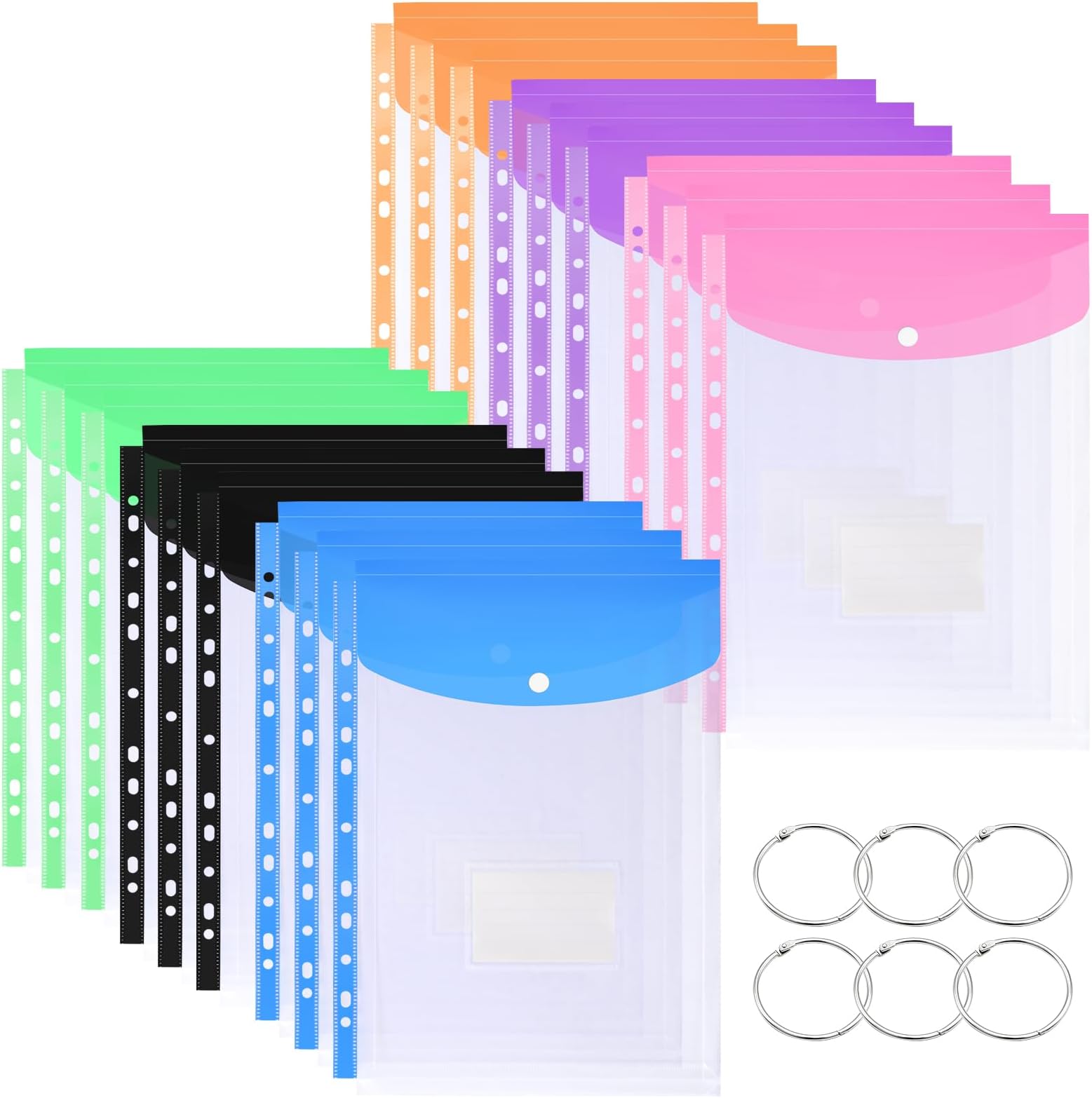 18 Pack Plastic Wallets A4 Punched Pockets, Expandable Folders Plastic Document Files with Button, Tab Card, and 6 Binders for School, Home（6Colors）