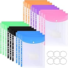 18 Pack A4 Plastic Expanding Punched Pockets with Button, Tabbed Card and 6 Binders for School Home (6 Colors)